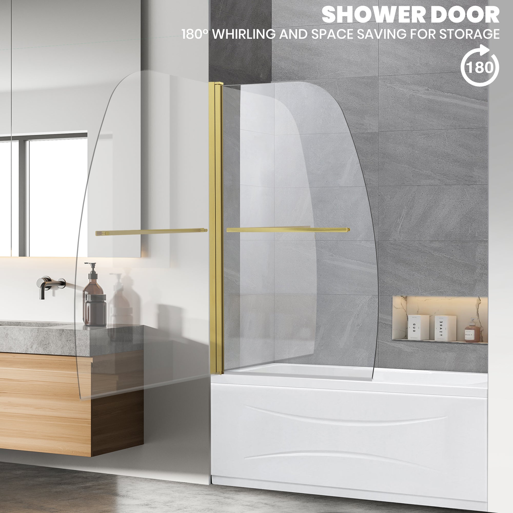 34" W x 58" H Frameless Pivot Bathtub Screen Misty X2 #Color_Brushed Gold