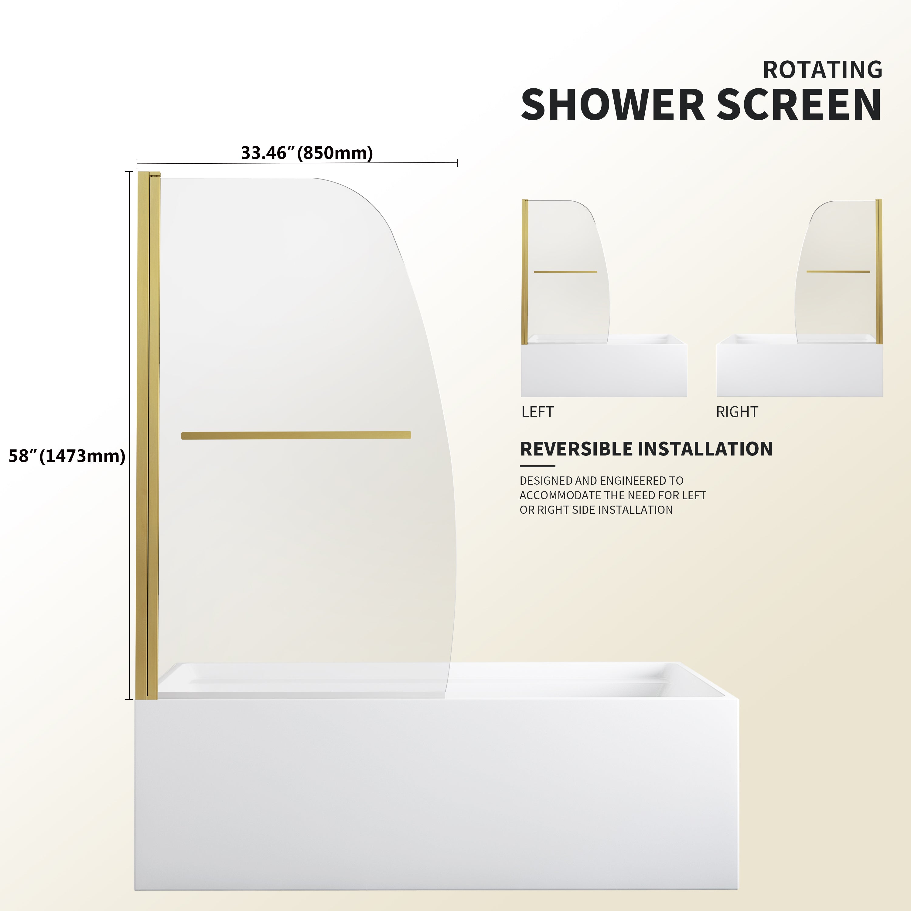 34" W x 58" H Frameless Pivot Bathtub Screen Misty X2 #Color_Brushed Gold