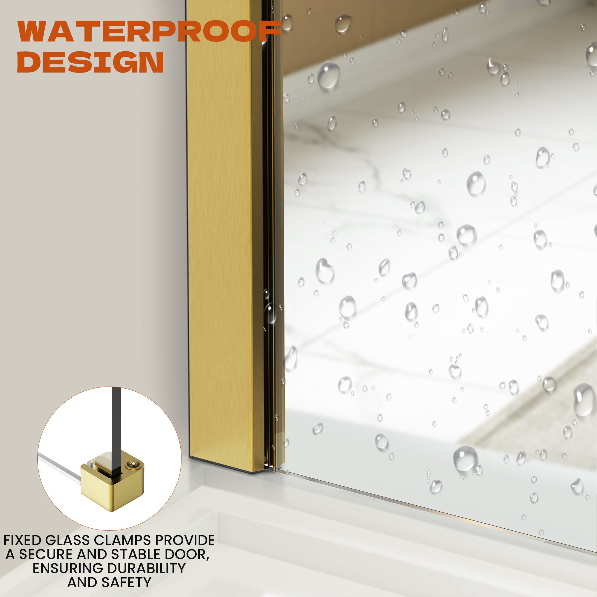 34" x 74" Walk-in Frameless Shower Screen-AB18 #Color_Brushed Gold