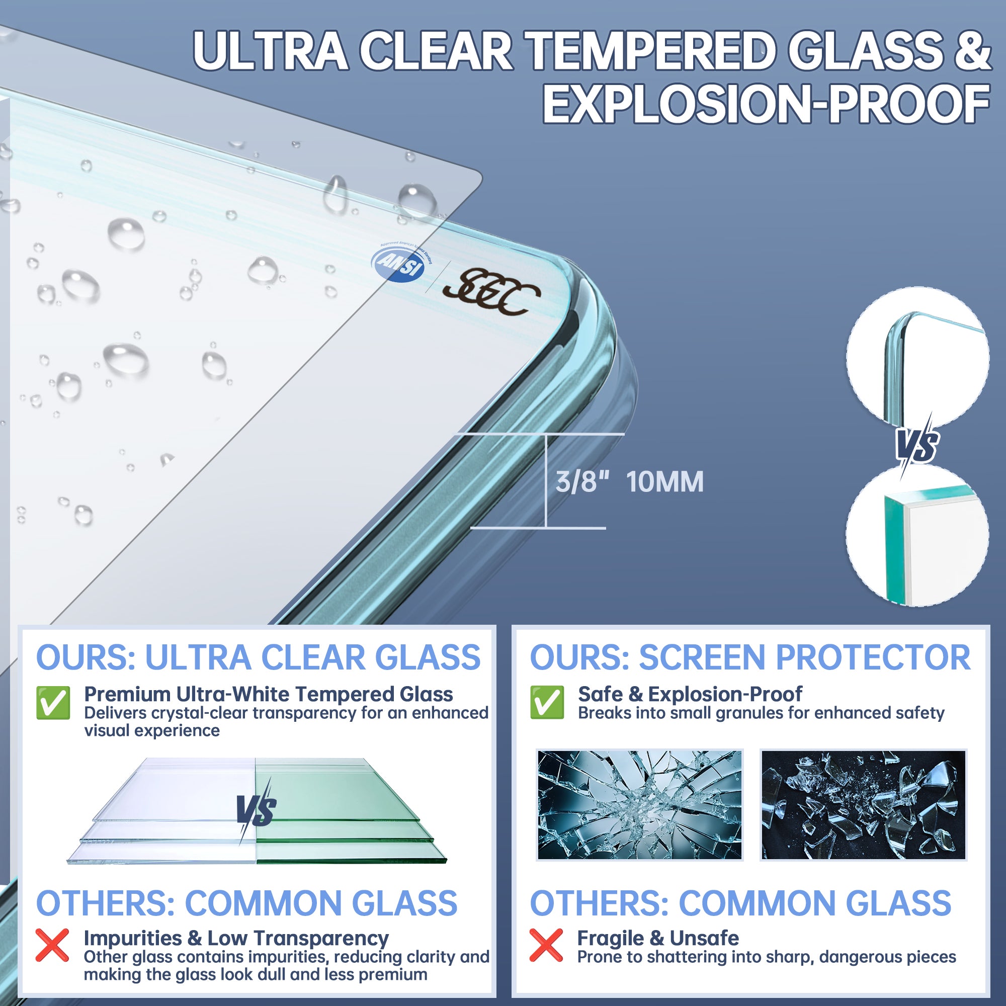 30.5"/34"/35"/36" x 78.75" Walk-in Frameless Shower Screen with Ultra-Clear Glass #Glass Feature_Ultra-Clear