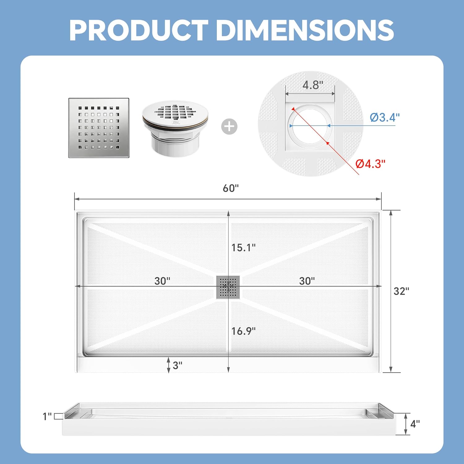 Single Threshold, Center Drain Shower Pan Base #Size_60"L × 32"W × 4"H