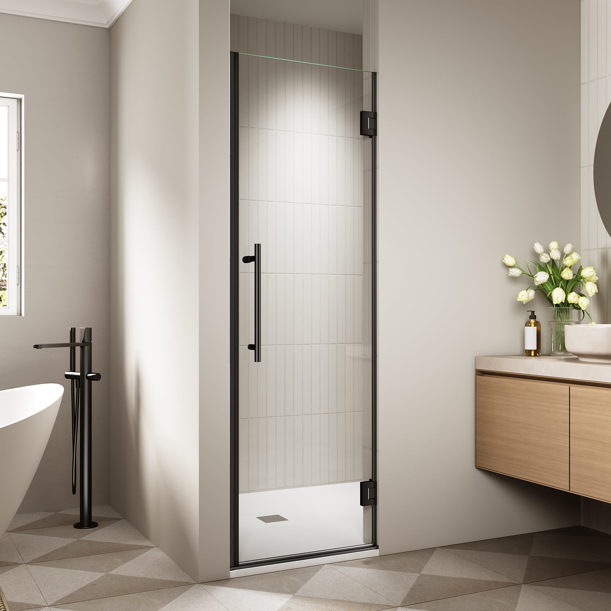 24"/28"/30 W x 72" H Frameless Hinged Shower Door with 5/16" (8 mm) Easy-Clean Clear Tempered Glass and Towel Handle #Color_Matte Black