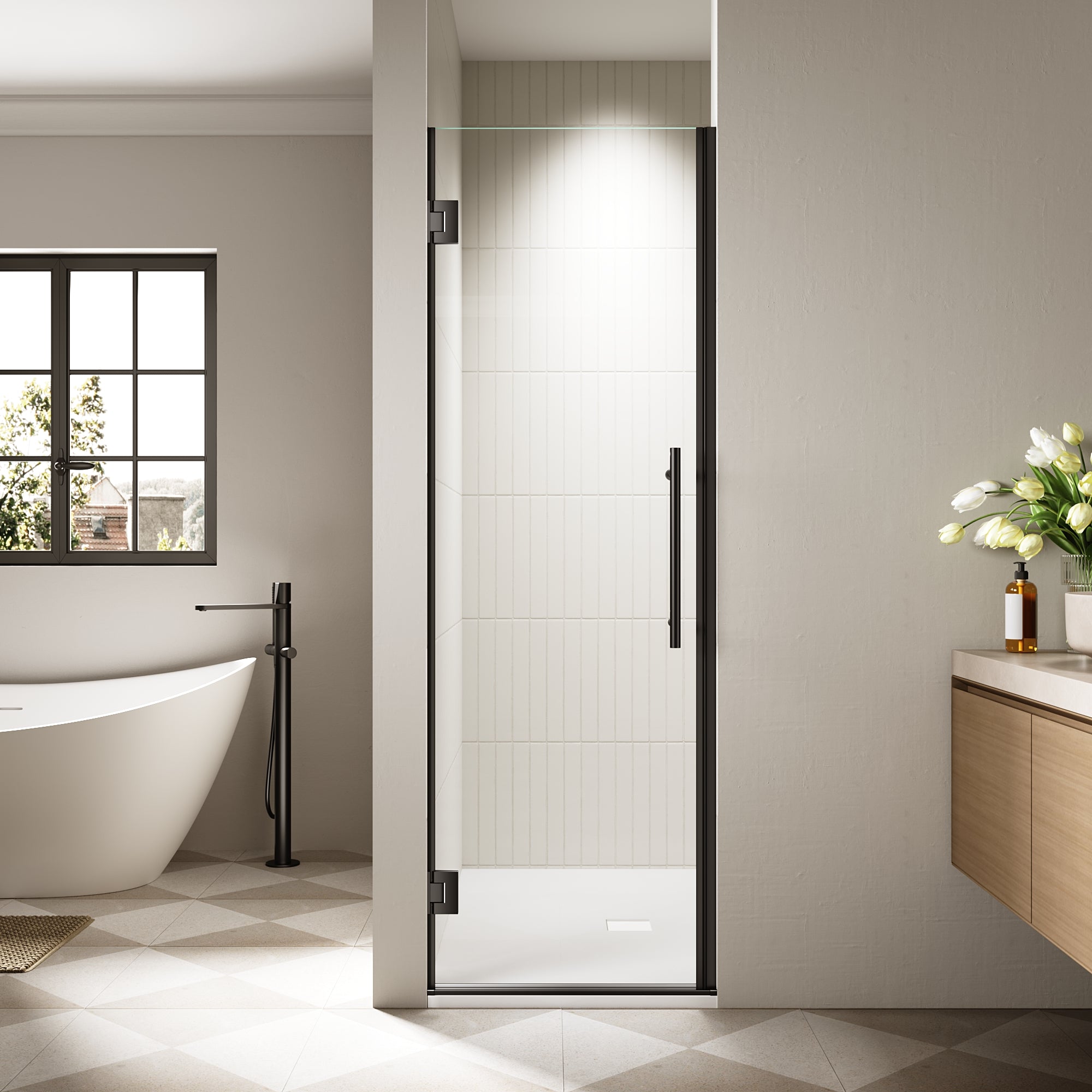 24"/28"/30 W x 72" H Frameless Hinged Shower Door with 5/16" (8 mm) Easy-Clean Clear Tempered Glass and Towel Handle #Color_Matte Black