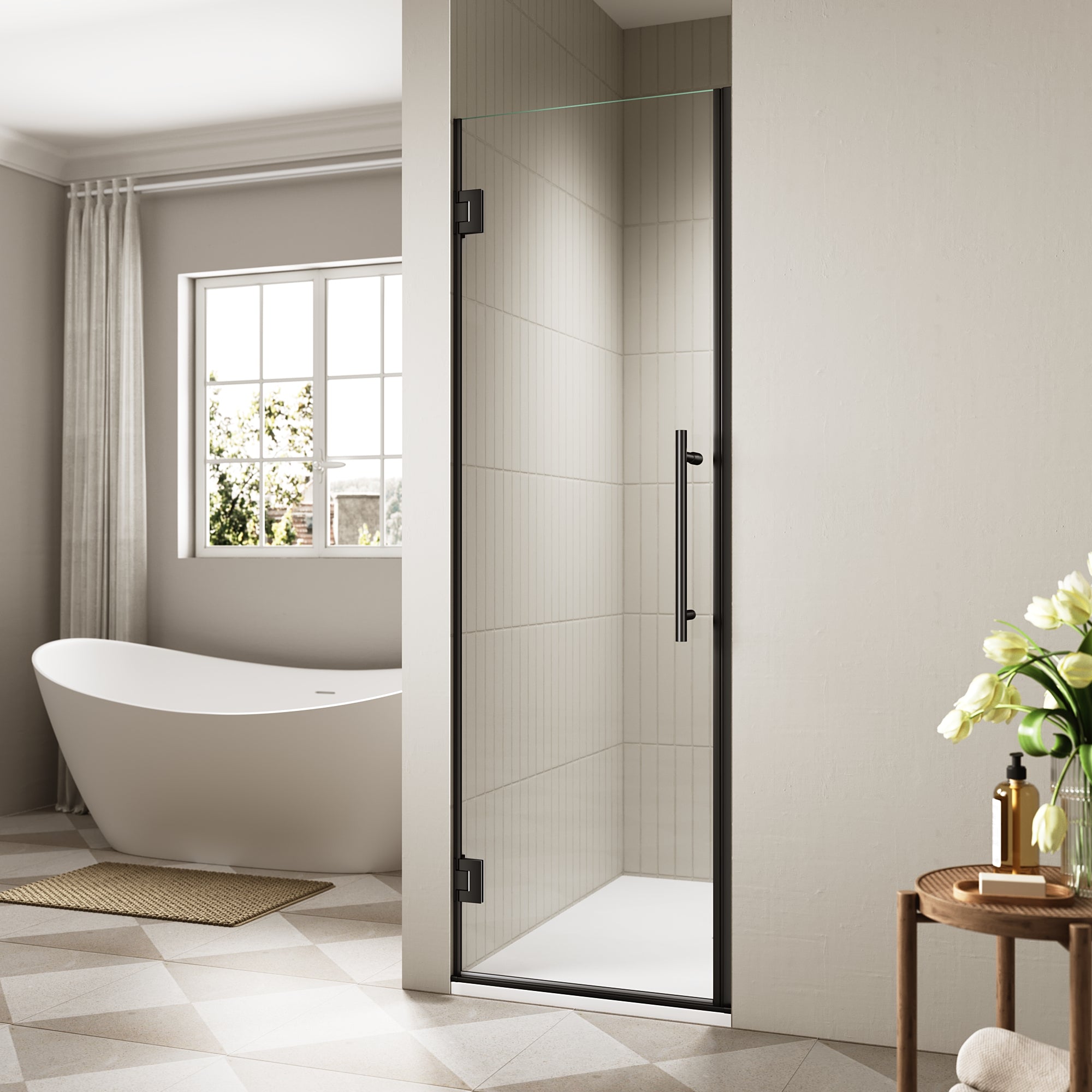 24"/28"/30 W x 72" H Frameless Hinged Shower Door with 5/16" (8 mm) Easy-Clean Clear Tempered Glass and Towel Handle #Color_Matte Black