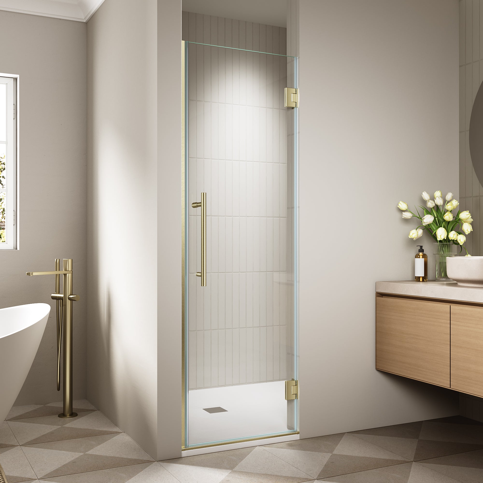 24"/28"/30 W x 72" H Frameless Hinged Shower Door with 5/16" (8 mm) Easy-Clean Clear Tempered Glass and Towel Handle #Color_Brushed Gold