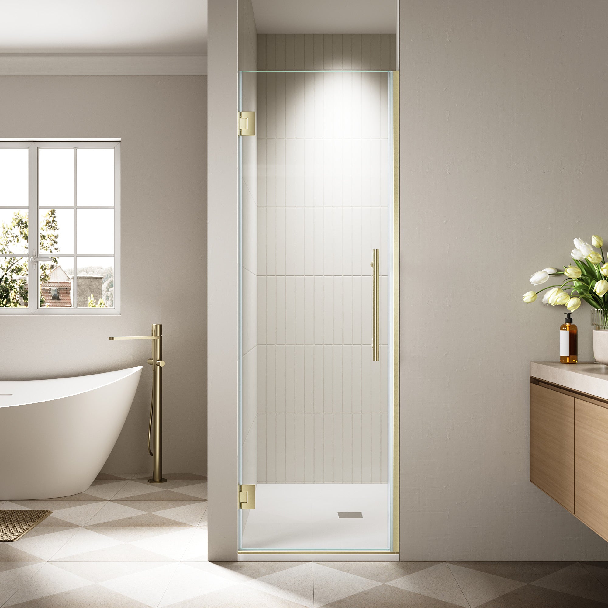 24"/28"/30 W x 72" H Frameless Hinged Shower Door with 5/16" (8 mm) Easy-Clean Clear Tempered Glass and Towel Handle #Color_Brushed Gold