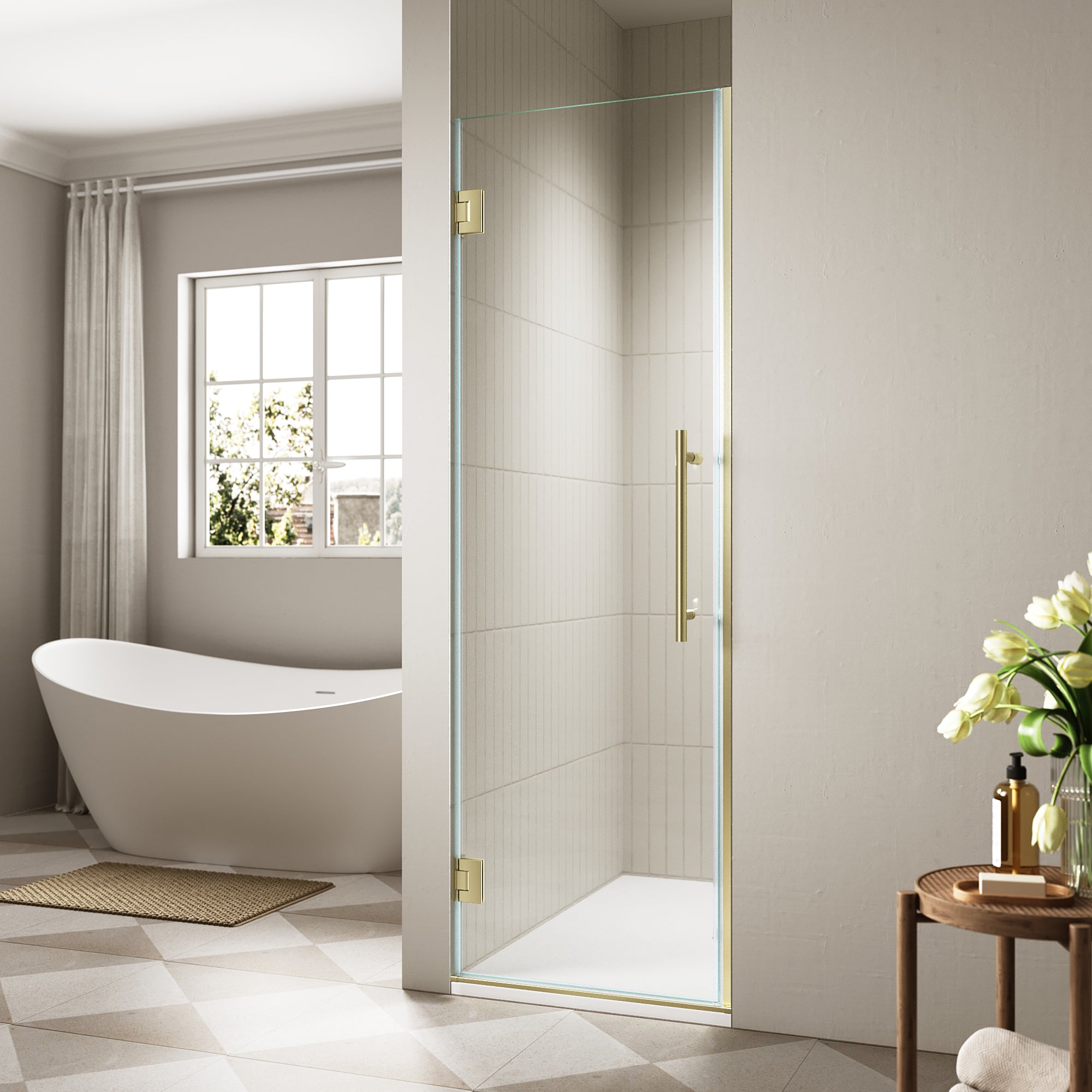 24"/28"/30 W x 72" H Frameless Hinged Shower Door with 5/16" (8 mm) Easy-Clean Clear Tempered Glass and Towel Handle #Color_Brushed Gold