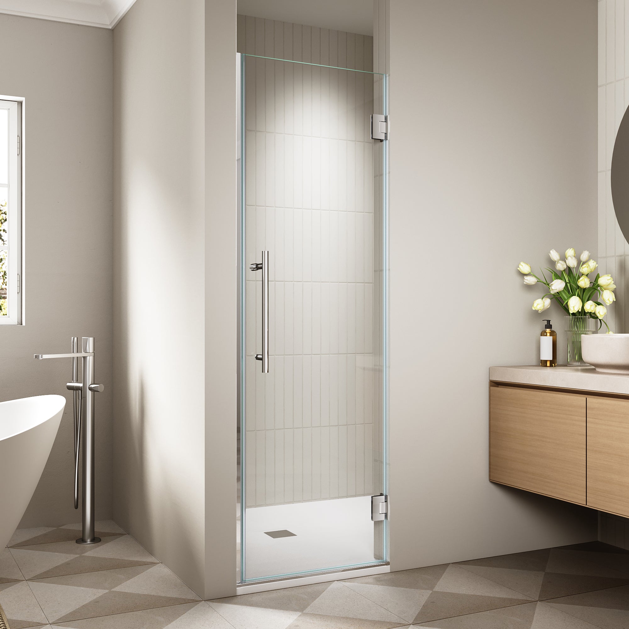 24"/28"/30 W x 72" H Frameless Hinged Shower Door with 5/16" (8 mm) Easy-Clean Clear Tempered Glass and Towel Handle #Color_Chrome