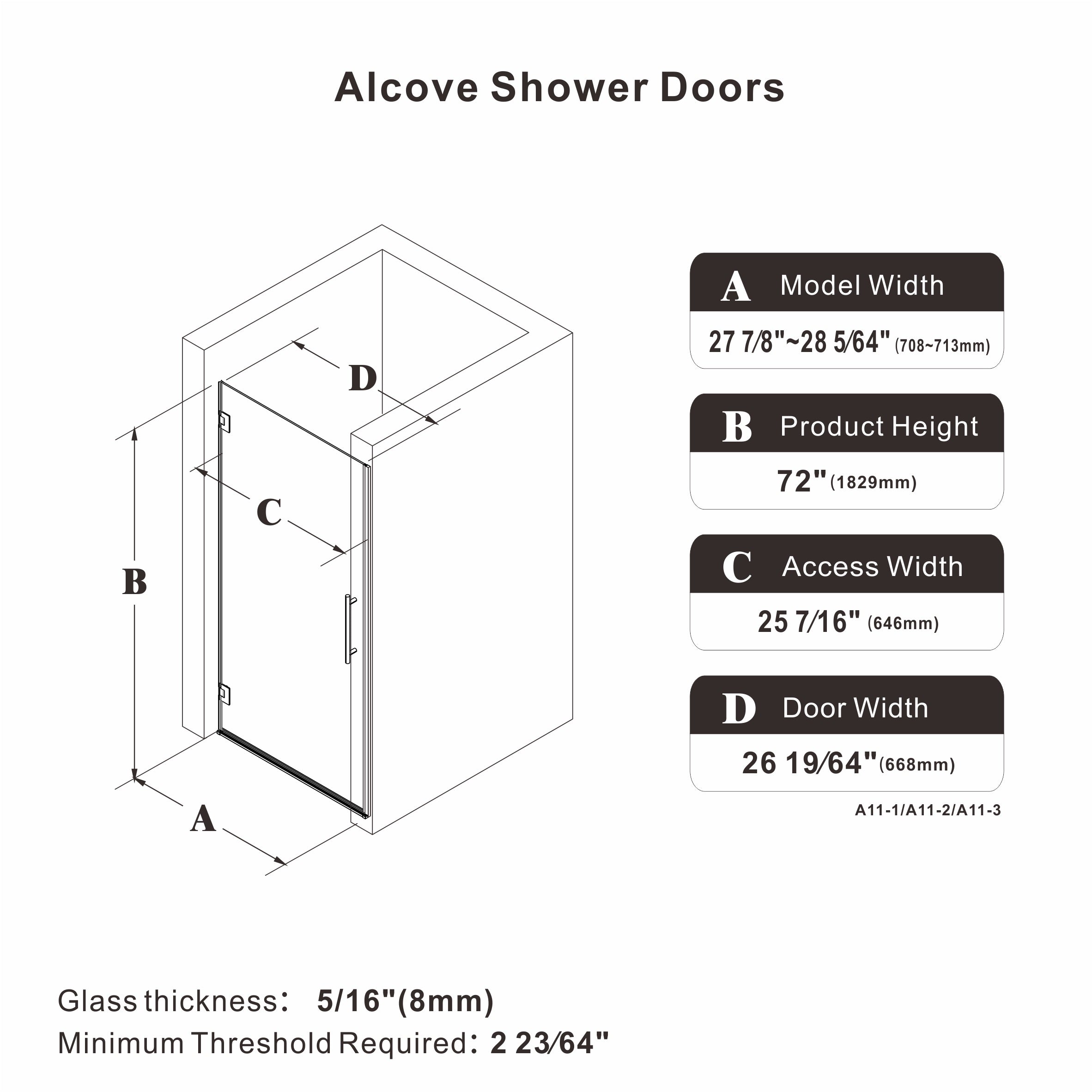 24"/28"/30 W x 72" H Frameless Hinged Shower Door with 5/16" (8 mm) Easy-Clean Clear Tempered Glass and Towel Handle #Size_28" x 72"