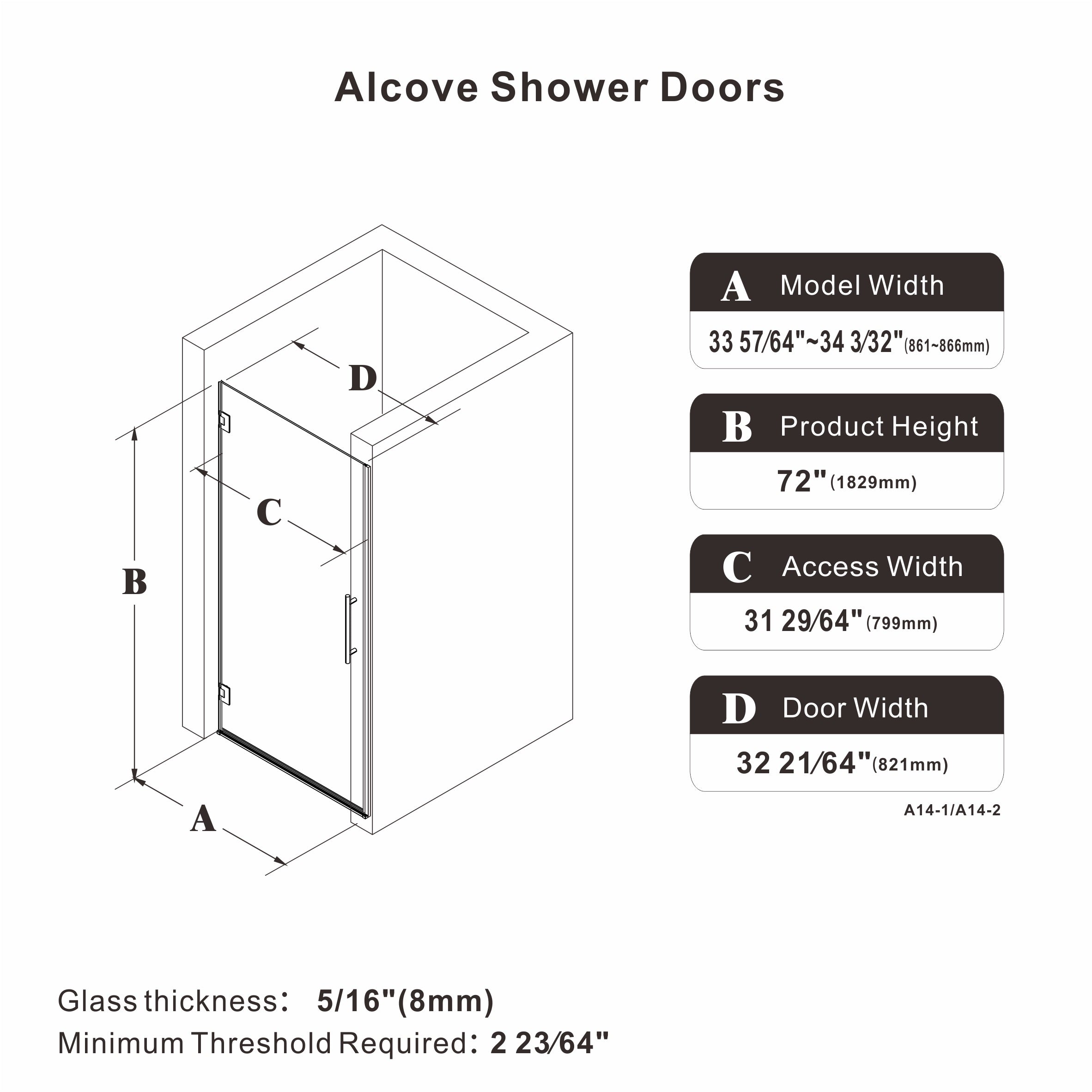 24"/28"/30 W x 72" H Frameless Hinged Shower Door with 5/16" (8 mm) Easy-Clean Clear Tempered Glass and Towel Handle #Size_34" x 72"
