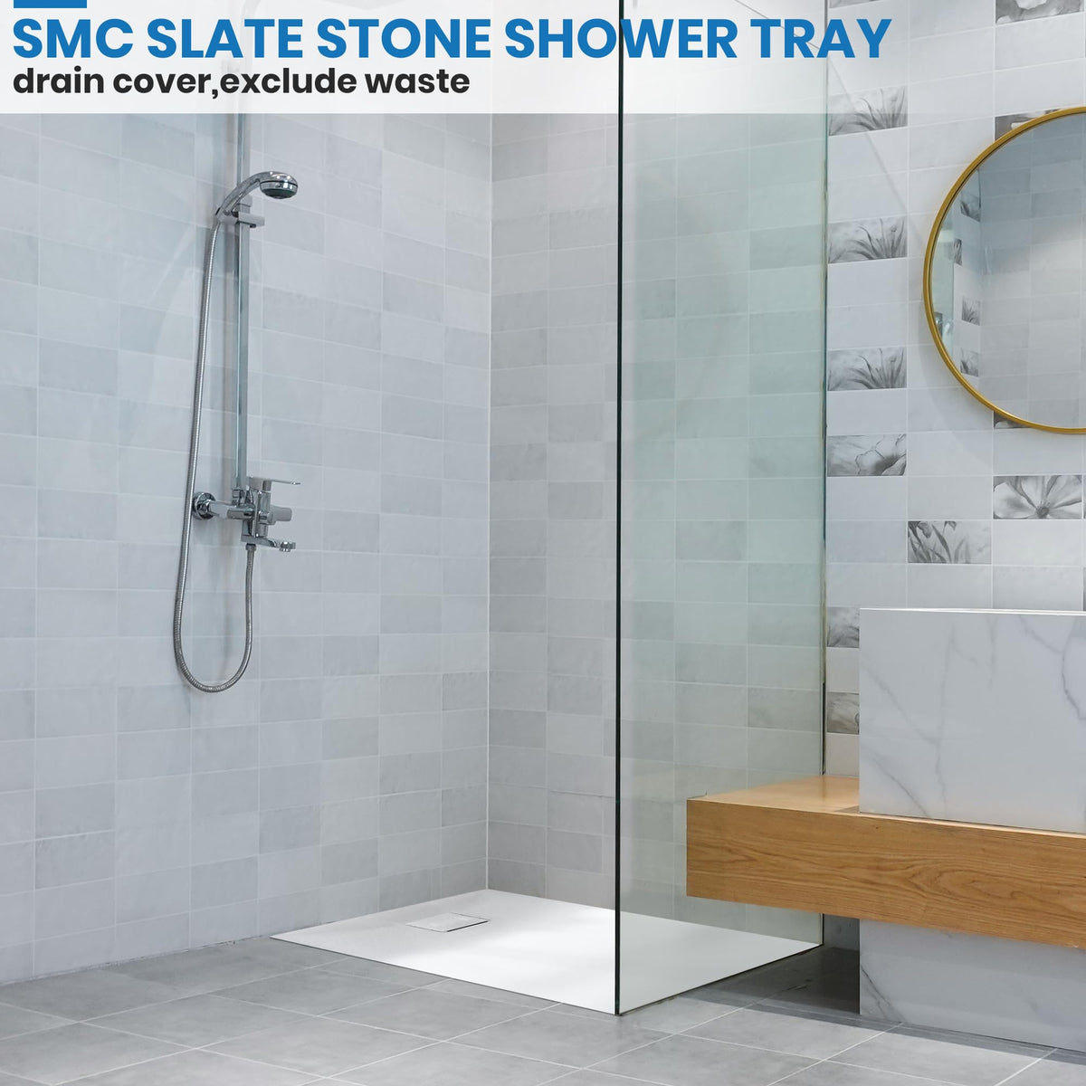 60" L x 32" W / 36‘’ W x 1"H LowProfile Zero Threshold End Drain Show