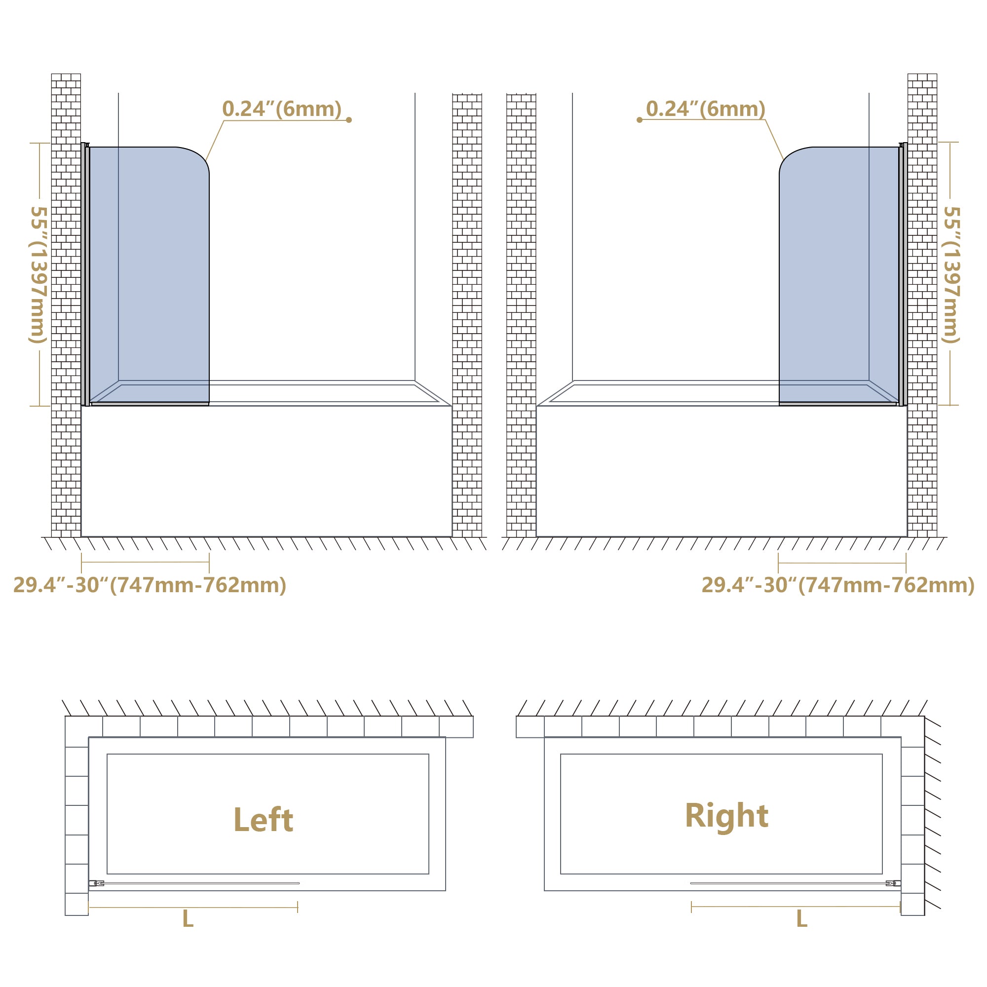 30" W x 55" H Curved Top Frameless Pivot Bathtub Screen