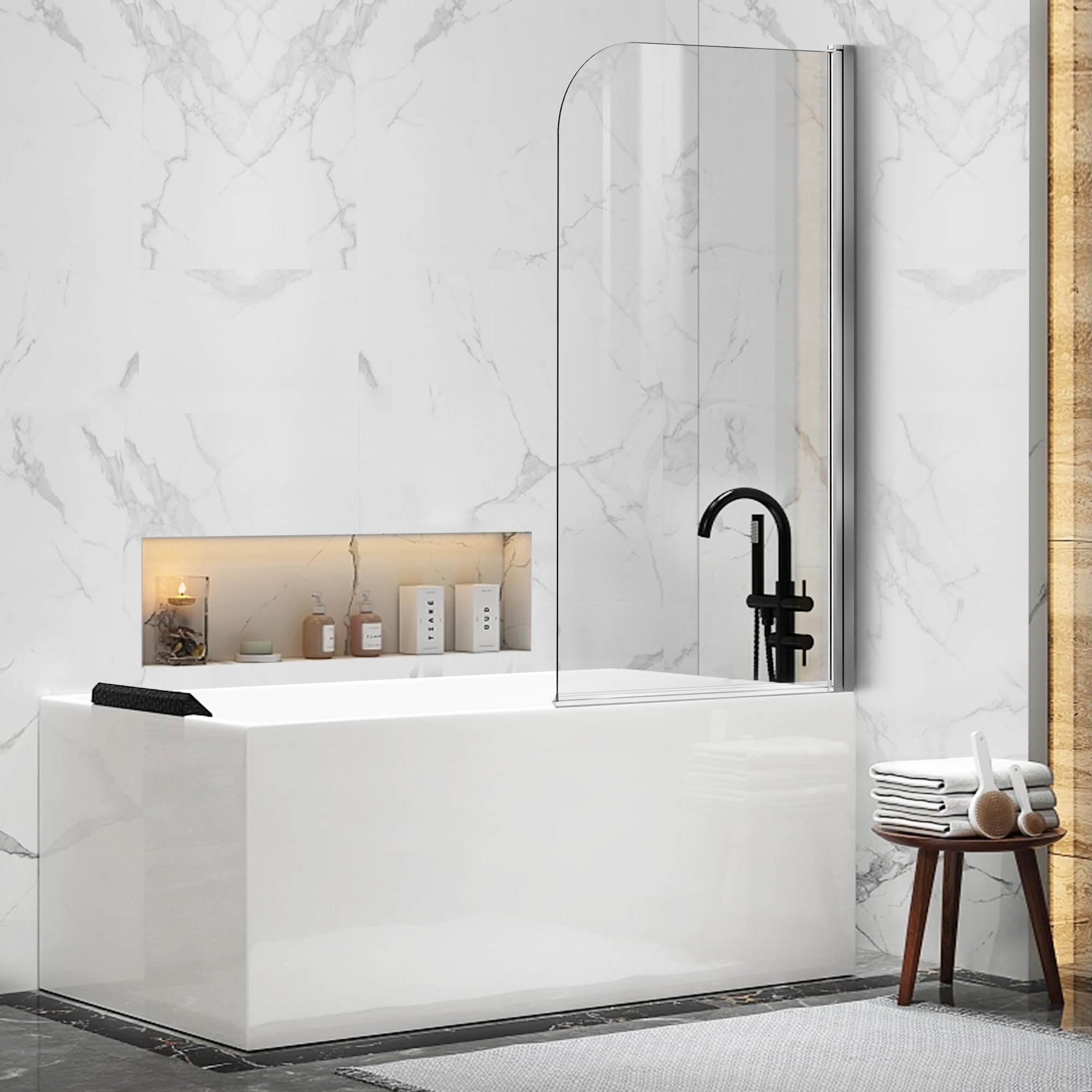 30" W x 55" H Curved Top Frameless Pivot Bathtub Screen #Color_Polished Chrome