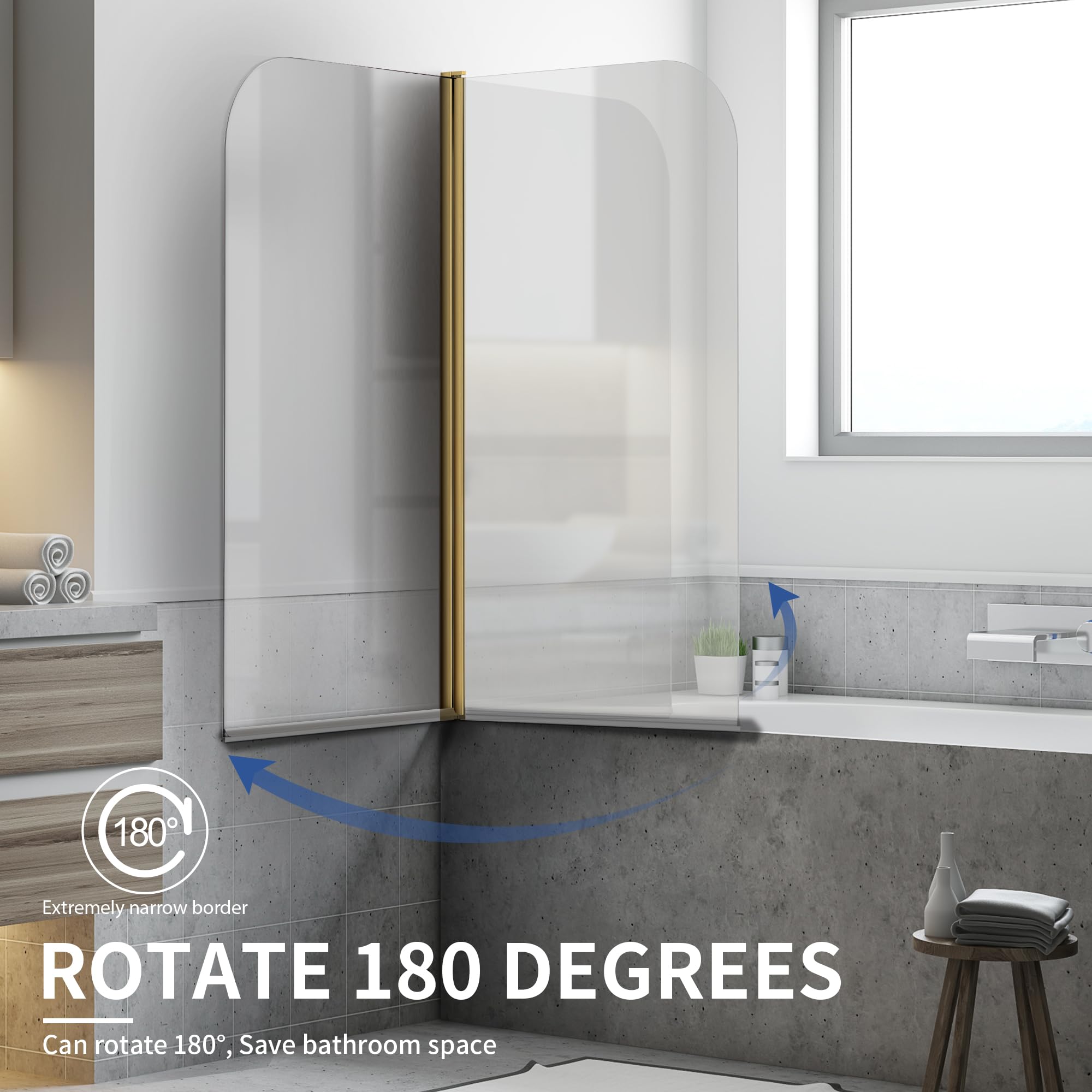 30" W x 55" H Curved Top Frameless Pivot Bathtub Screen #Color_Brushed Gold