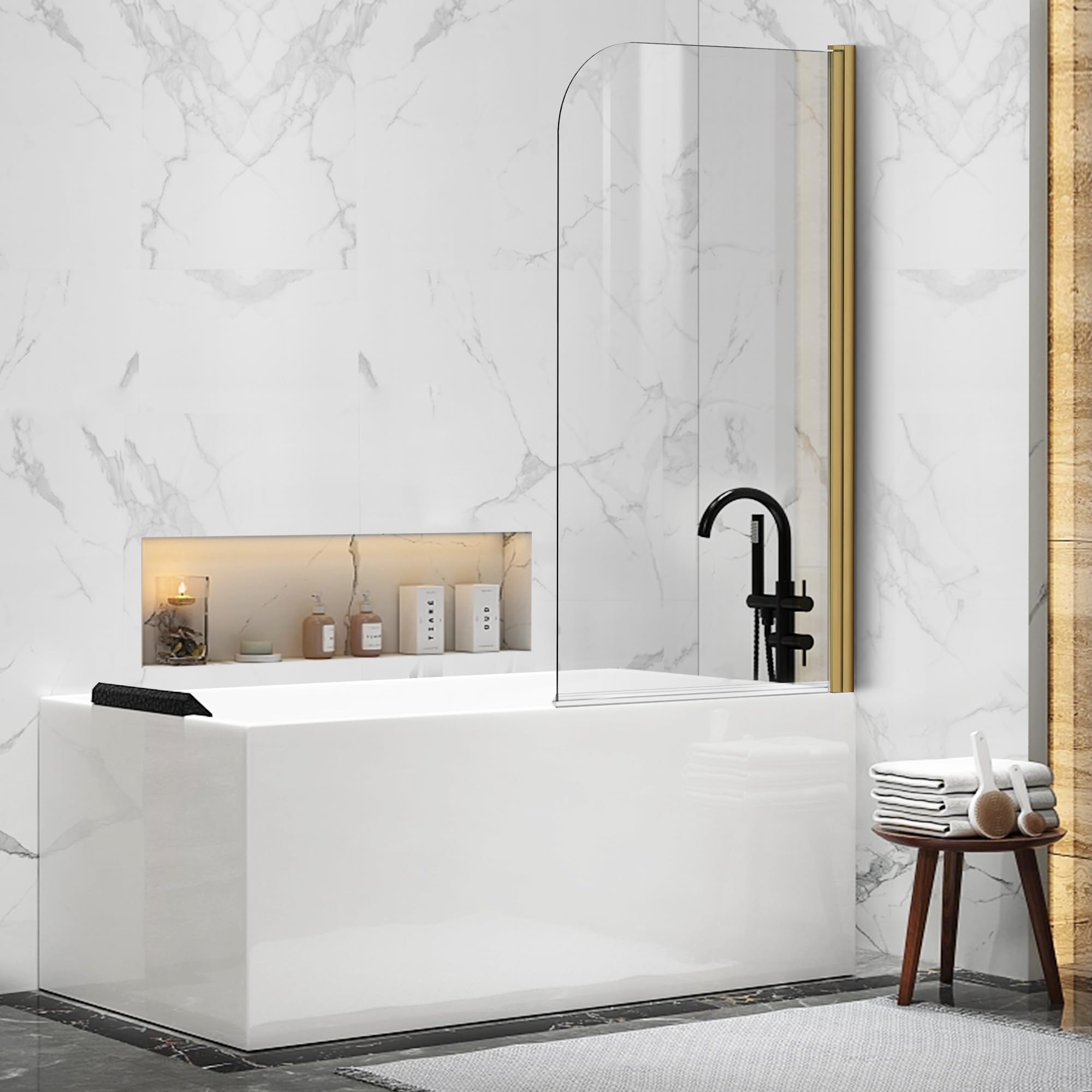 30" W x 55" H Curved Top Frameless Pivot Bathtub Screen #Color_Brushed Gold