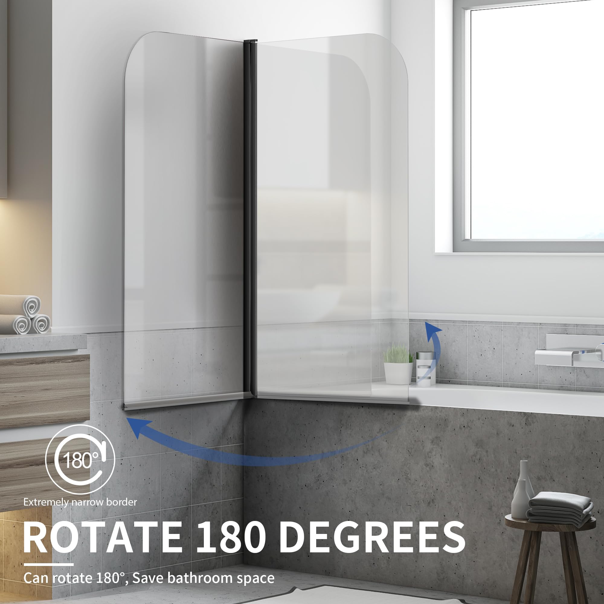 30" W x 55" H Curved Top Frameless Pivot Bathtub Screen #Color_Matte Black