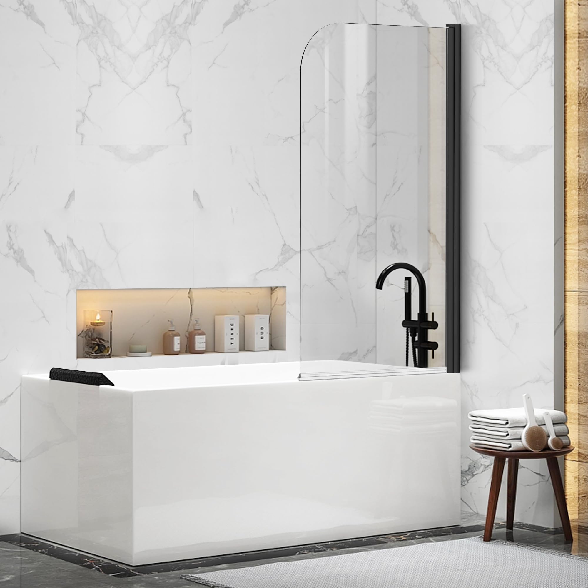 30" W x 55" H Curved Top Frameless Pivot Bathtub Screen #Color_Matte Black