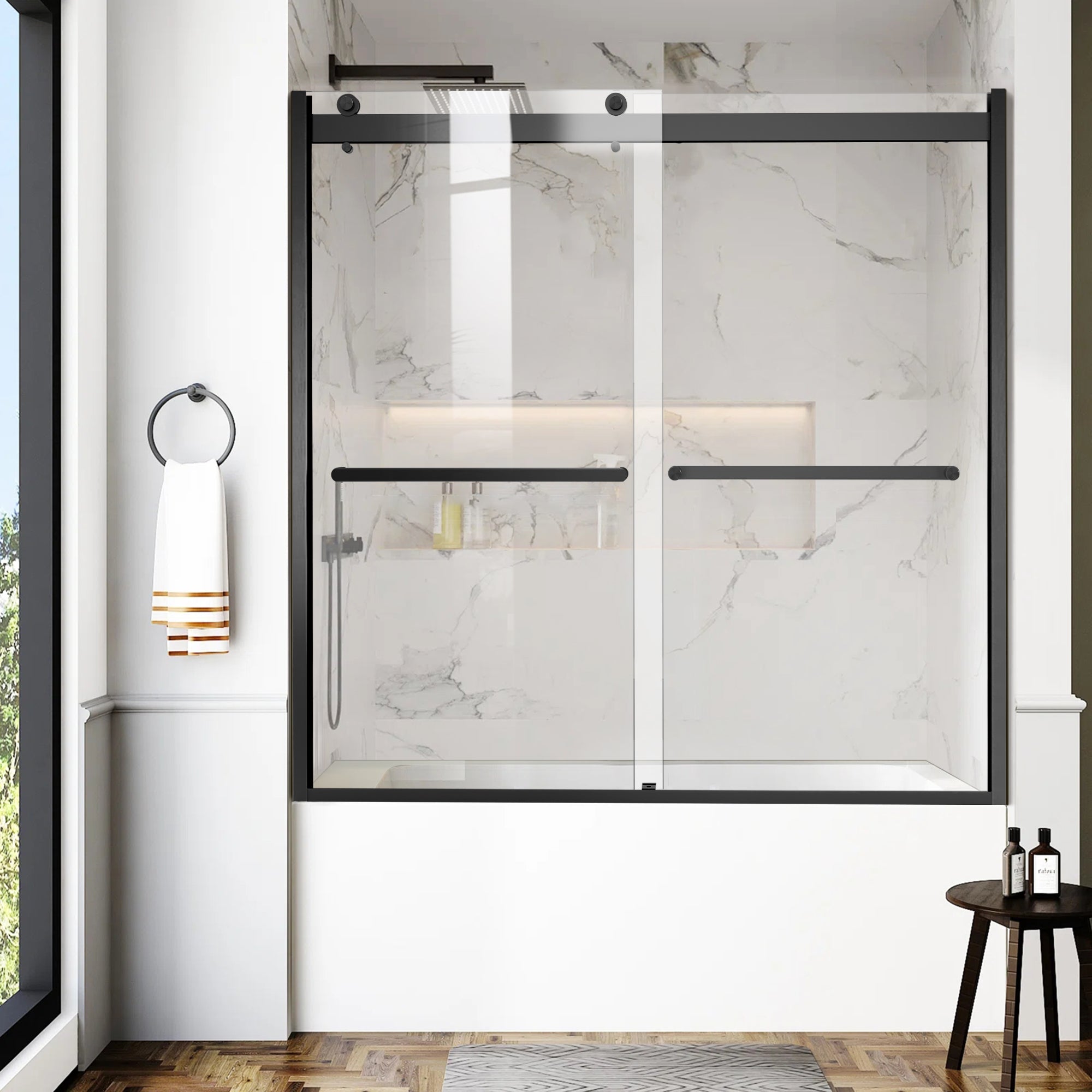 AquivaCoast Bathtub door roller for 56"-60" W x 62" H semi-frameless sliding door with towel handle and reversible installation, Matte Black Finish