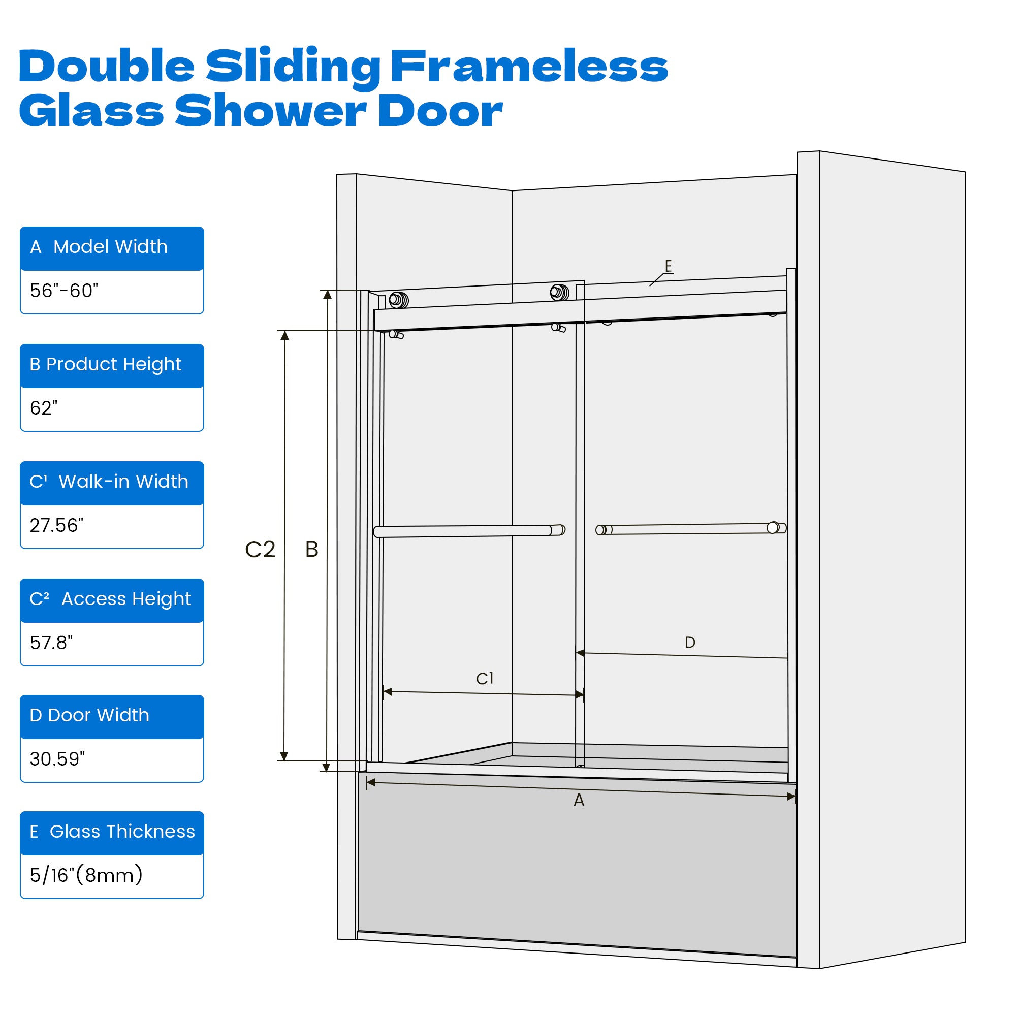 56" - 60" W x 62" H Semi - Frameless Double Sliding Bathtub Door with 5/16" (8 mm) Clear Glass and Stainless Steel Handle, Matte Black - Bathtub Door - AquivaCoast Showers - Bathtub Door - Sliding - 