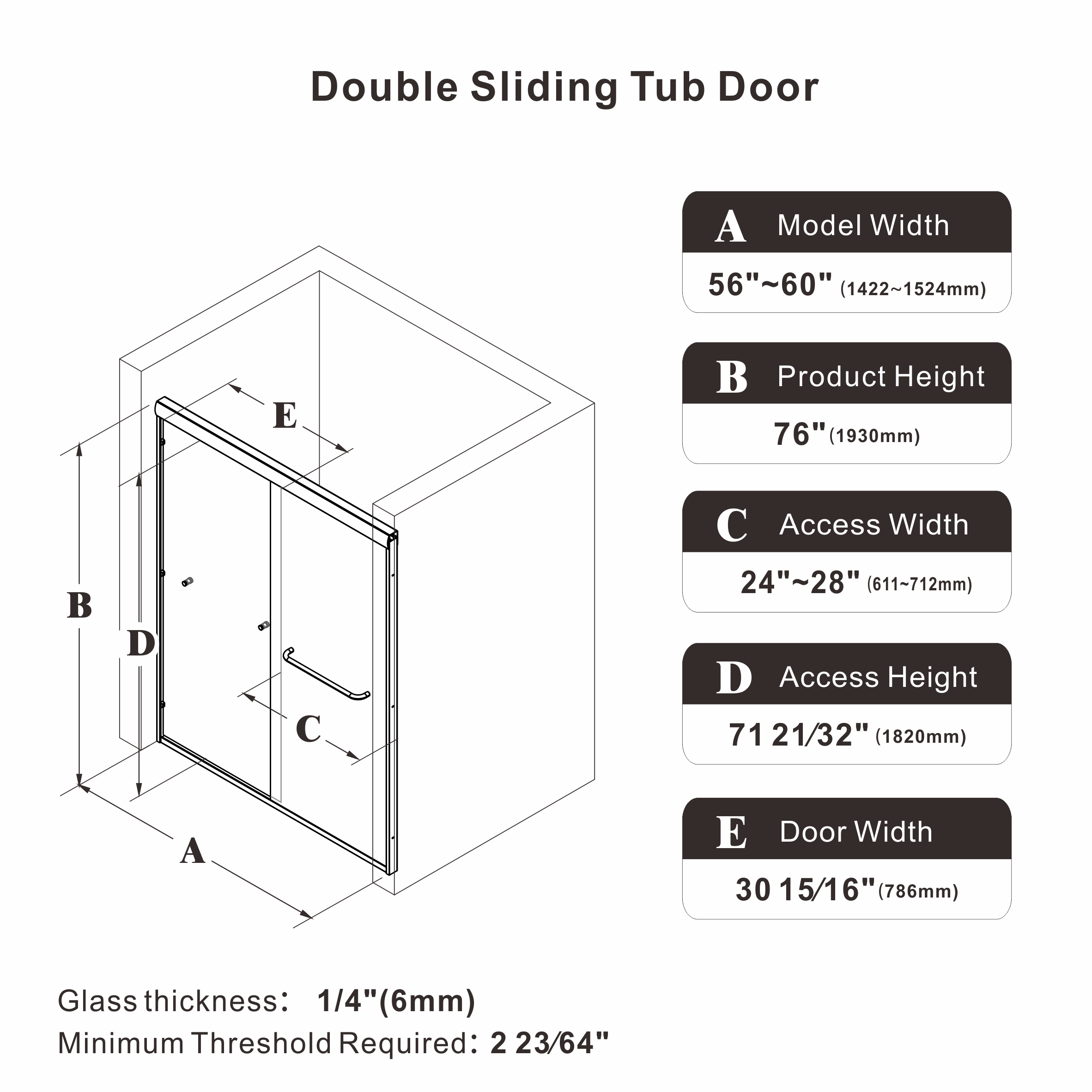 48"/60" W x 72"/76" H Framed Double Sliding Door with 1/4" (6 mm) Clear Tempered Nano Coating Glass and Towel Bar #Size_56"-60" W x 76" H