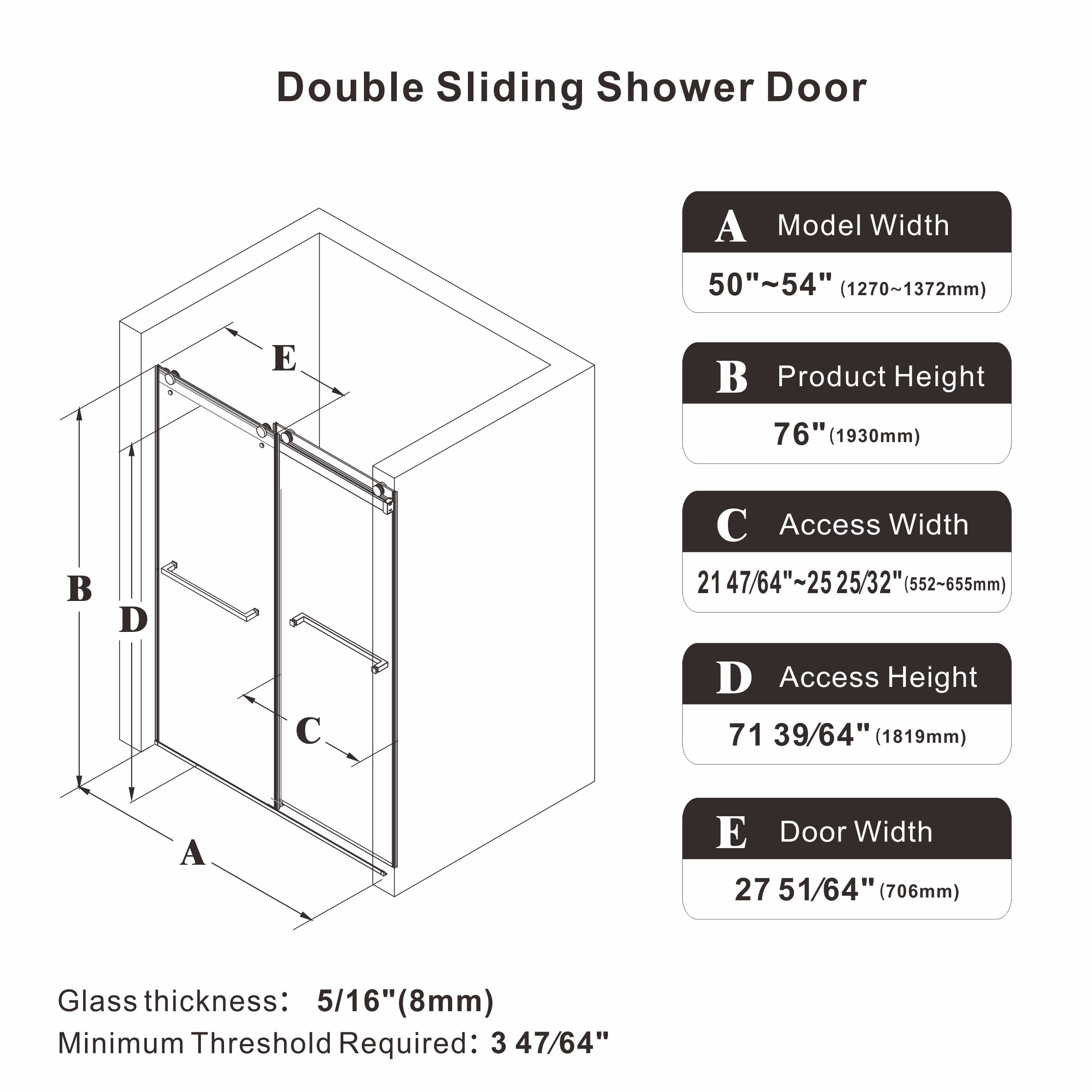 50"-54" x 76" Frameless Double Sliding Shower Door with Towel Bar#Size_50 - 54 in. W x 76 in. H