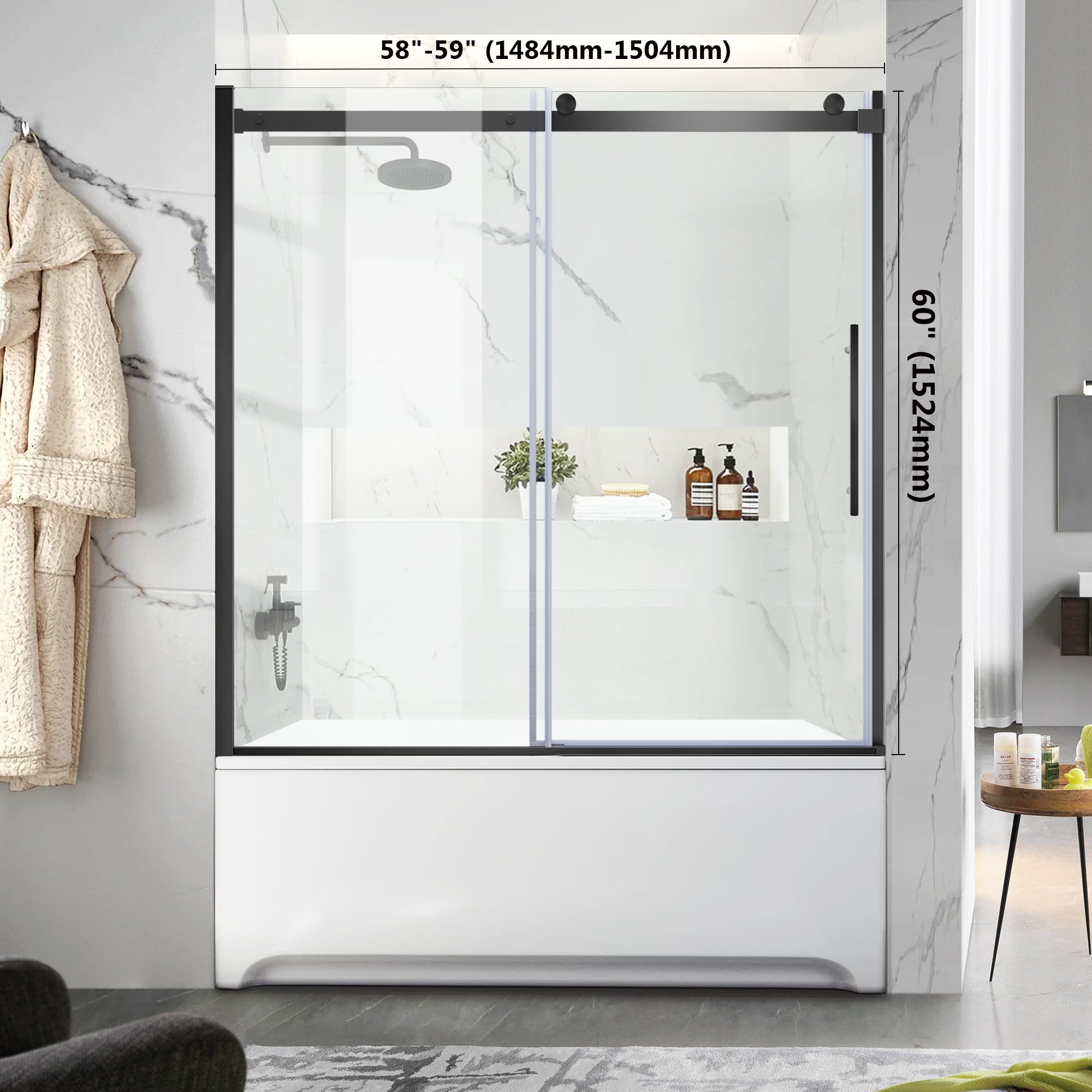 58.4"-59.2" x 60" Semi-Framed Single Sliding Tub Door Roller A6 #Color_Matte Black