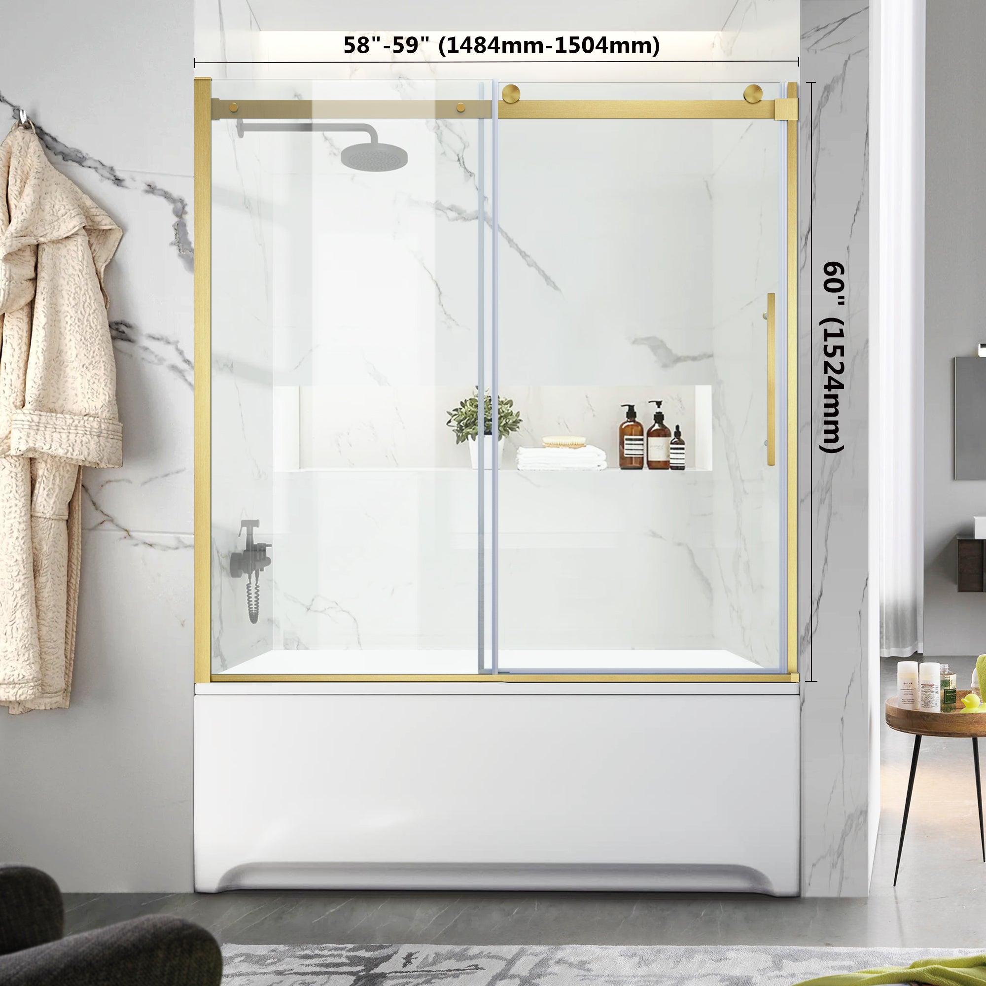 58.4"-59.2" x 60" Semi-Framed Single Sliding Tub Door Roller A7 #Color_Brushed Gold