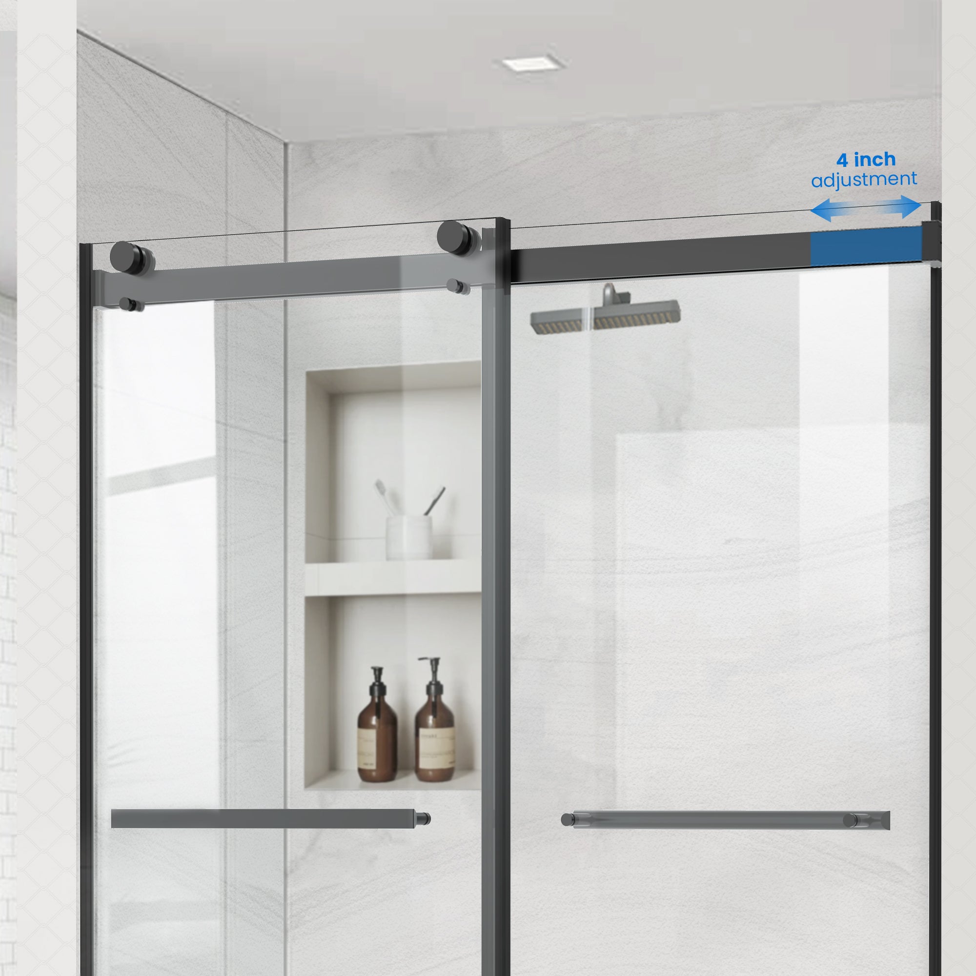 60" W x 74" H Semi-Frameless Double Sliding Bypass Shower Door with 5/16" (8 mm)  Easy-Clean Tempered Glass and Towel Bar #Color_Matte Black