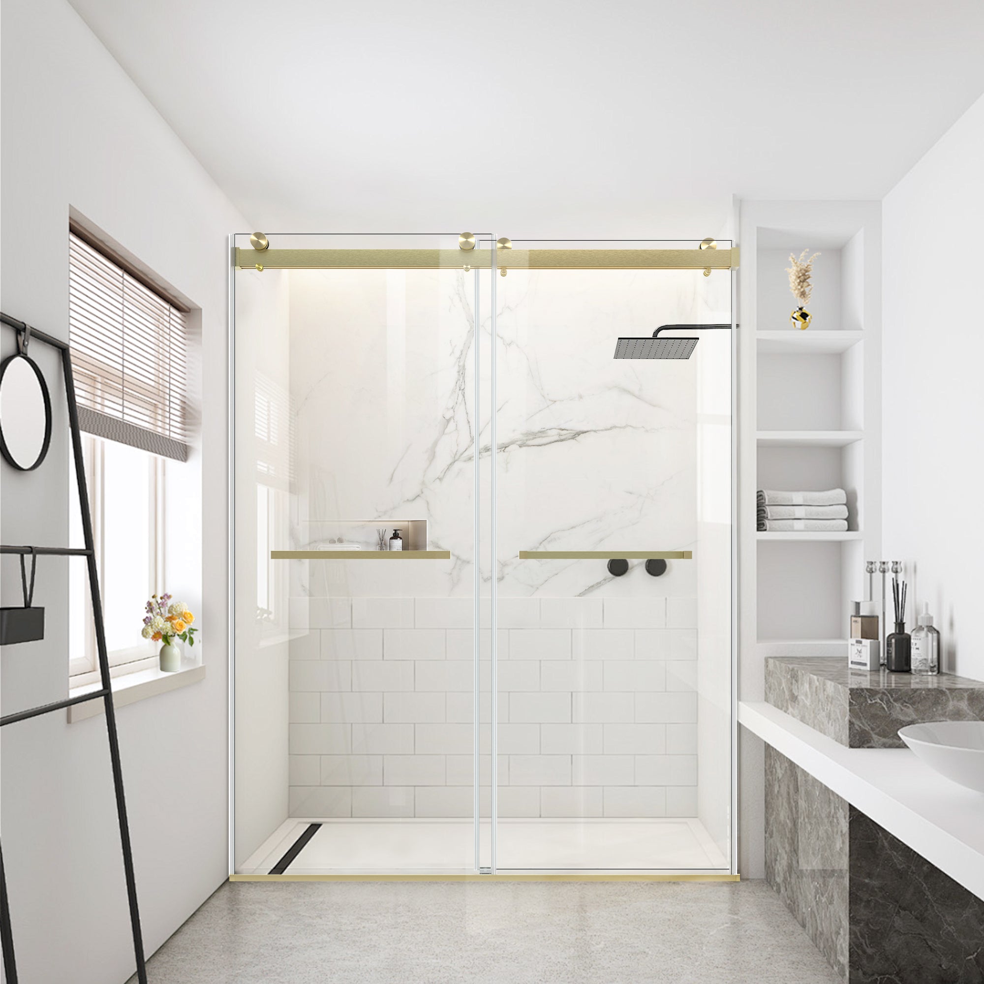 60" W x 74" H Semi-Frameless Double Sliding Bypass Shower Door with 5/16" (8 mm)  Easy-Clean Tempered Glass and Towel Bar #Color_Brushed Gold