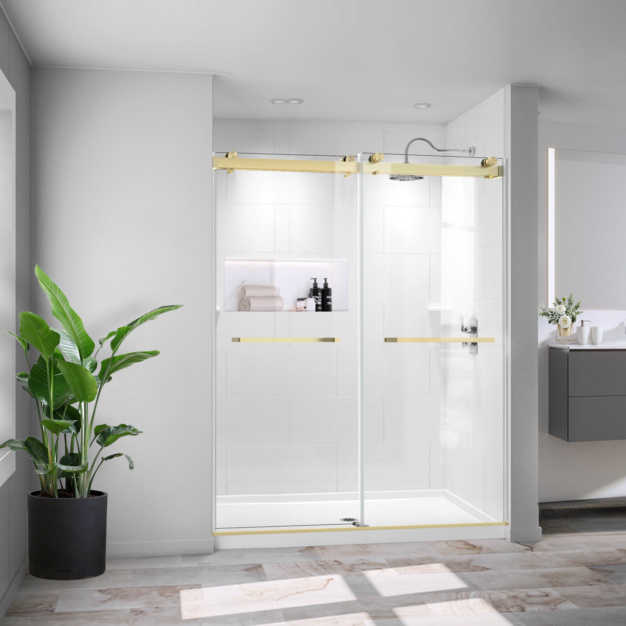 60" W x 74" H Semi-Frameless Double Sliding Bypass Shower Door with 5/16" (8 mm)  Easy-Clean Tempered Glass and Towel Bar #Color_Brushed Gold