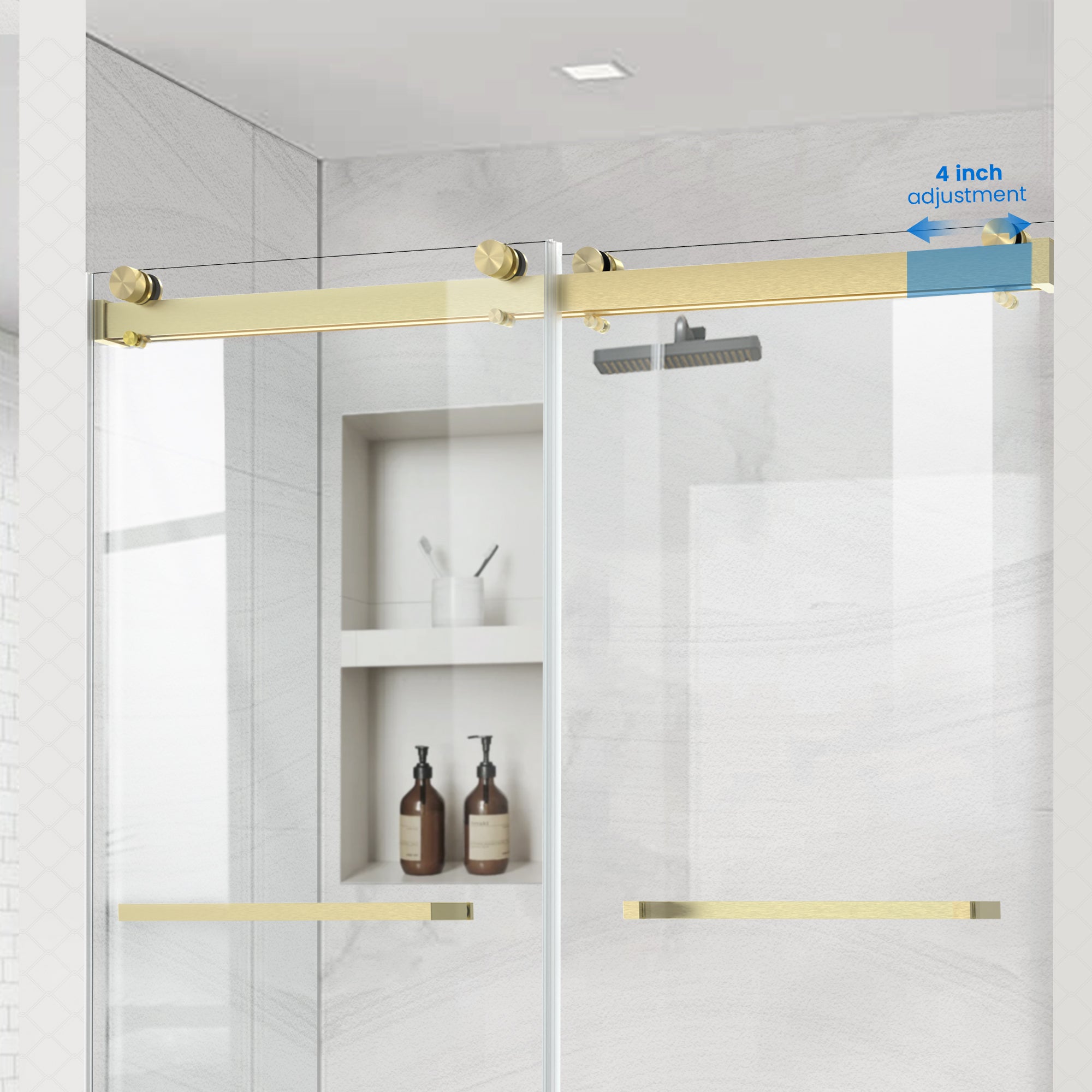 60" W x 74" H Semi-Frameless Double Sliding Bypass Shower Door with 5/16" (8 mm)  Easy-Clean Tempered Glass and Towel Bar #Color_Brushed Gold