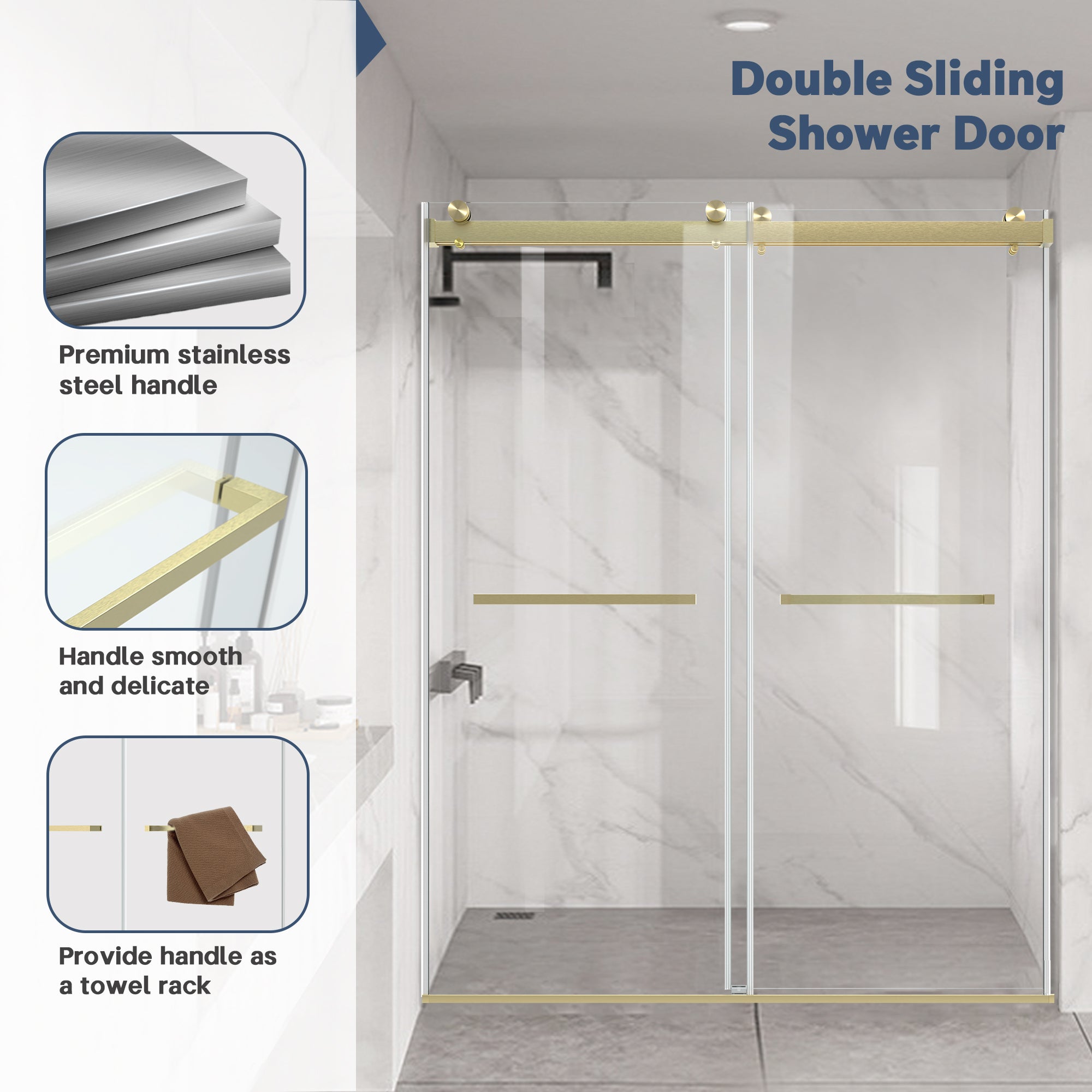 60" W x 74" H Semi-Frameless Double Sliding Bypass Shower Door with 5/16" (8 mm)  Easy-Clean Tempered Glass and Towel Bar #Color_Brushed Gold
