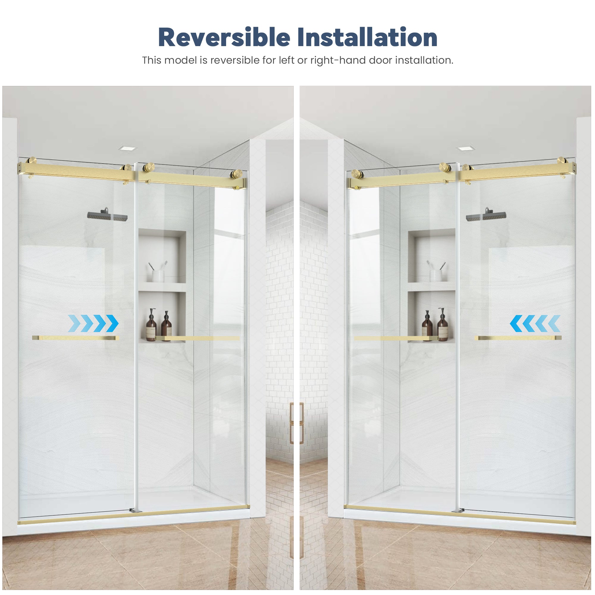60" W x 74" H Semi-Frameless Double Sliding Bypass Shower Door with 5/16" (8 mm)  Easy-Clean Tempered Glass and Towel Bar #Color_Brushed Gold
