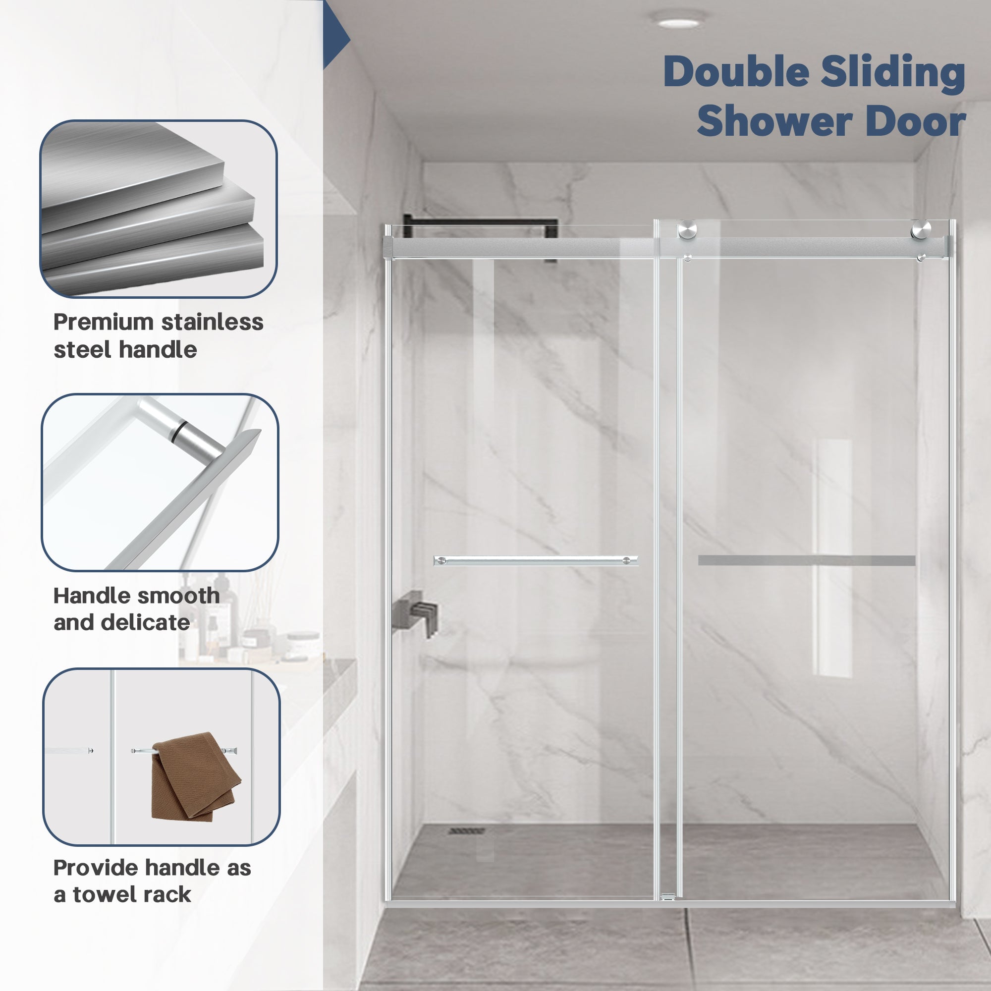60" W x 74" H Semi-Frameless Double Sliding Bypass Shower Door with 5/16" (8 mm)  Easy-Clean Tempered Glass and Towel Bar #Color_Brushed Nickel