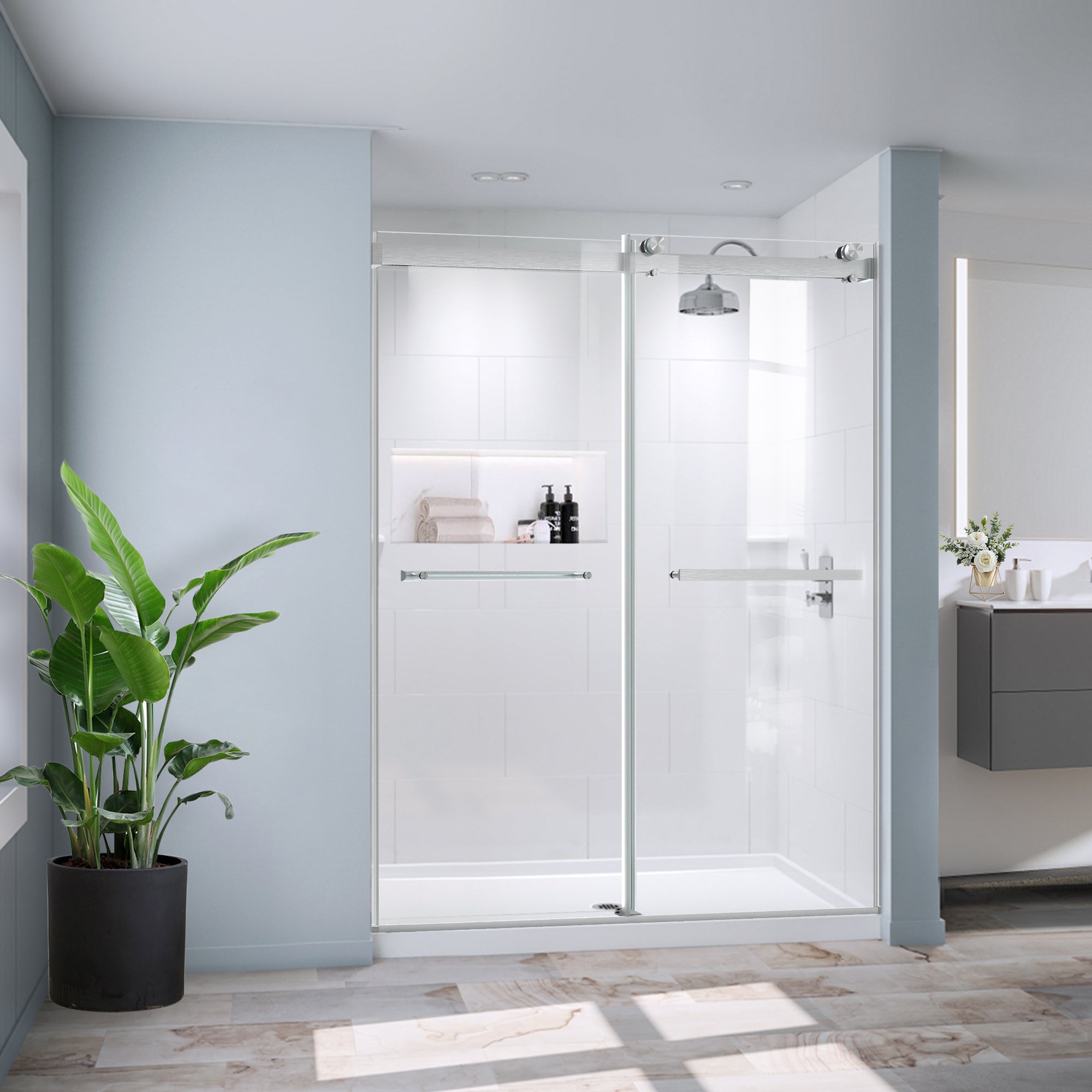60" W x 74" H Semi-Frameless Double Sliding Bypass Shower Door with 5/16" (8 mm)  Easy-Clean Tempered Glass and Towel Bar #Color_Brushed Nickel