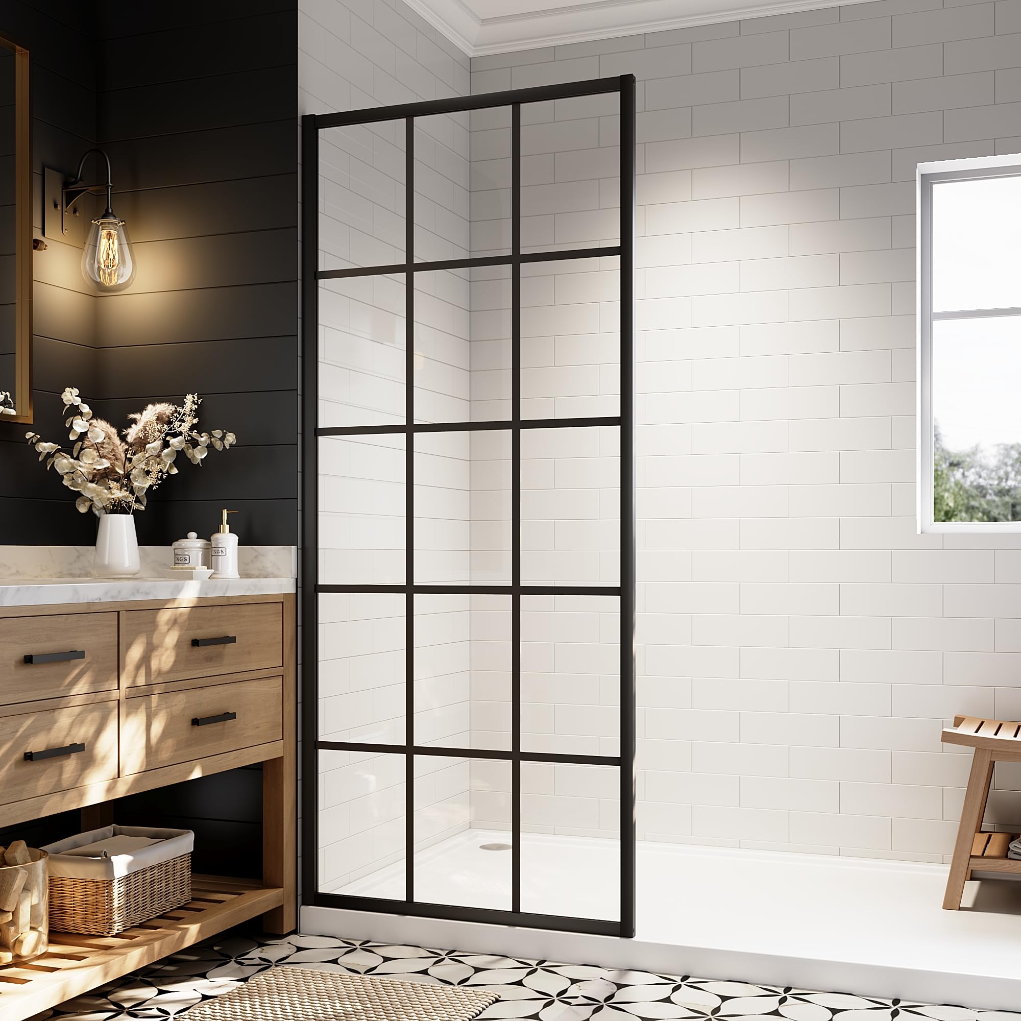 34"/38"/42"/46" x 78" Framed Grid Shower Screen, Matte Black #Size_34" W x 78" H