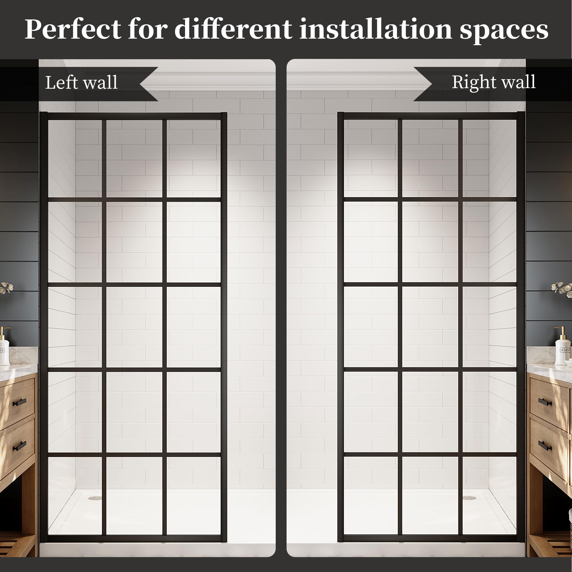 34"/38"/42"/46" x 78" Framed Grid Shower Screen, Matte Black #Size_34" W x 78" H