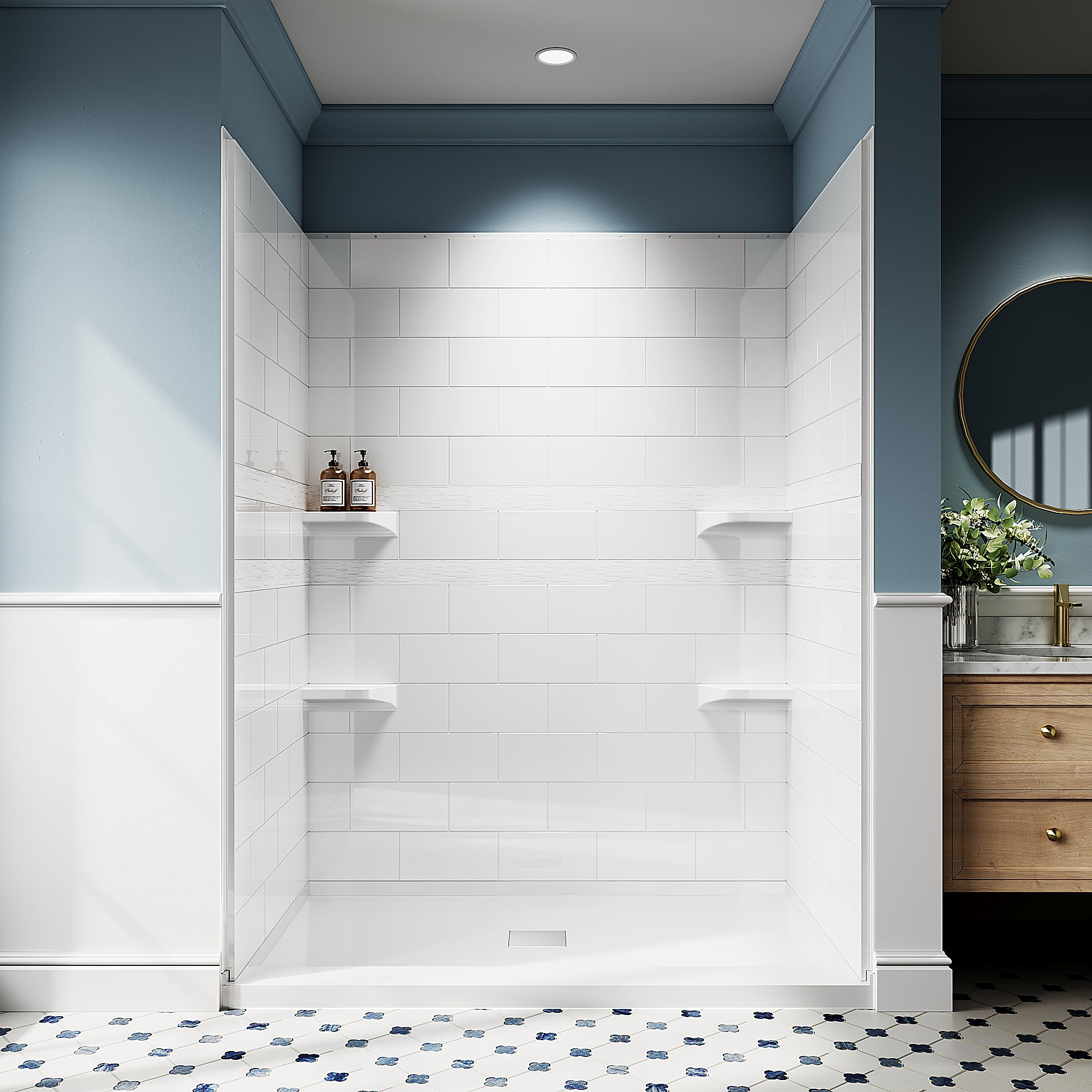 32" / 36" D × 60" W × 78" H Solid Surface Shower Wall Panels Kit, Glossy White Subway Tile, with Shelf 