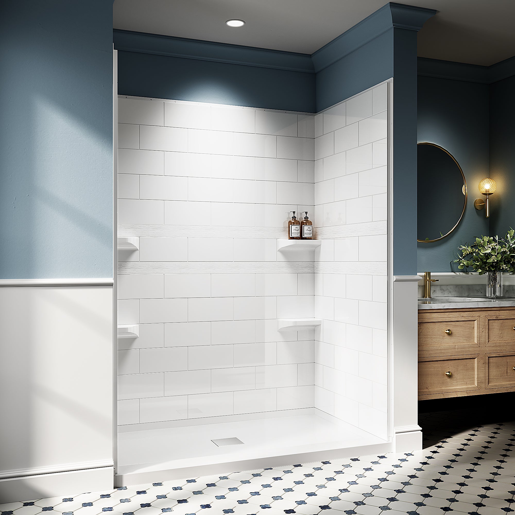32" / 36" D × 60" W × 78" H Solid Surface Shower Wall Panels Kit, Glossy White Subway Tile, with Shelf 