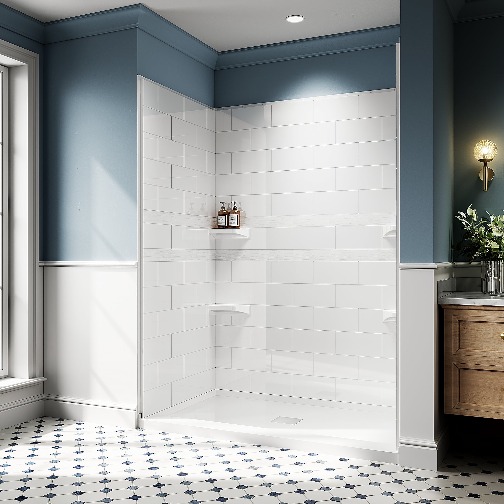 32" / 36" D × 60" W × 78" H Solid Surface Shower Wall Panels Kit, Glossy White Subway Tile, with Shelf 