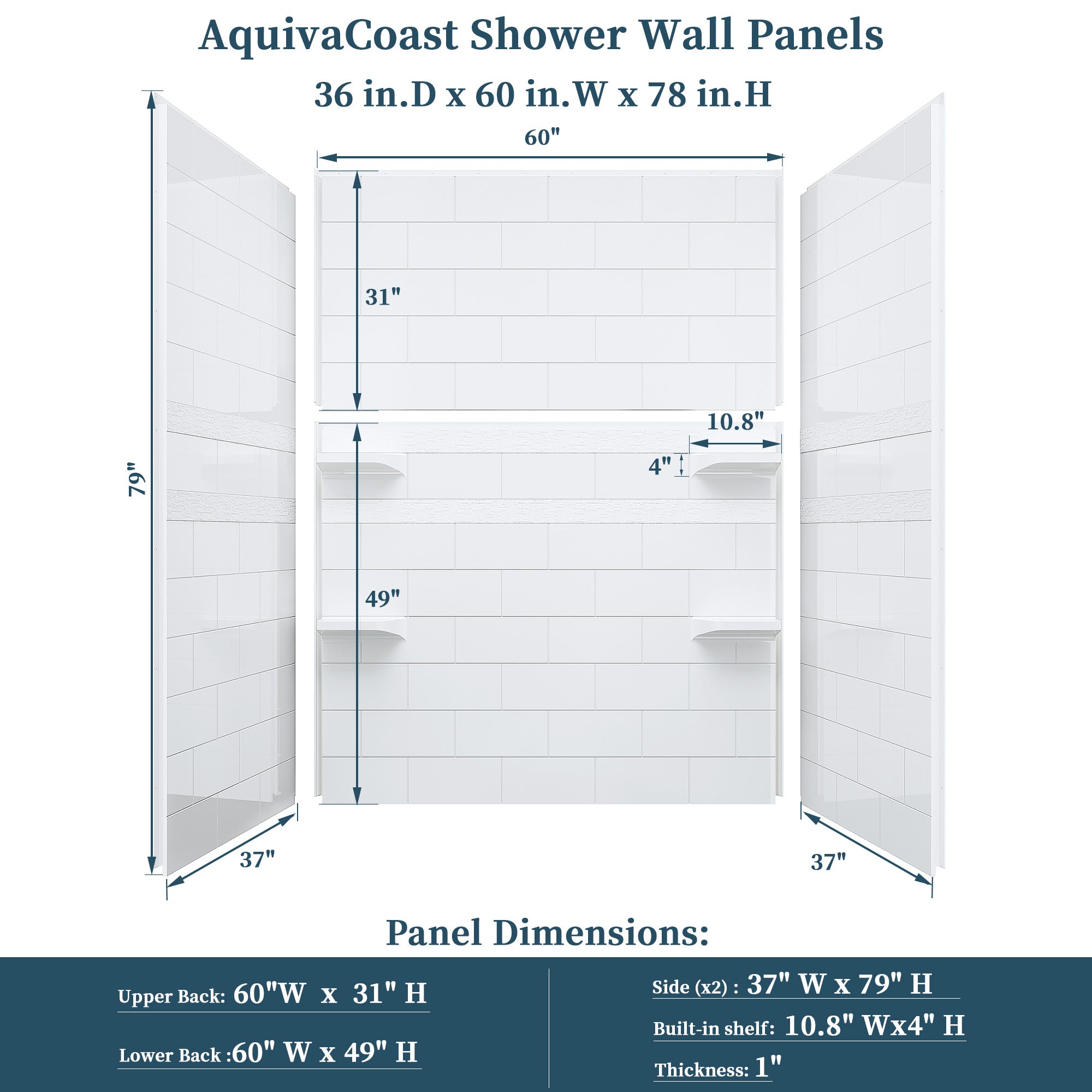 32" / 36" D × 60" W × 78" H Solid Surface Shower Wall Panels Kit, Glossy White Subway Tile, with Shelf #Size_36" × 60" × 78"
