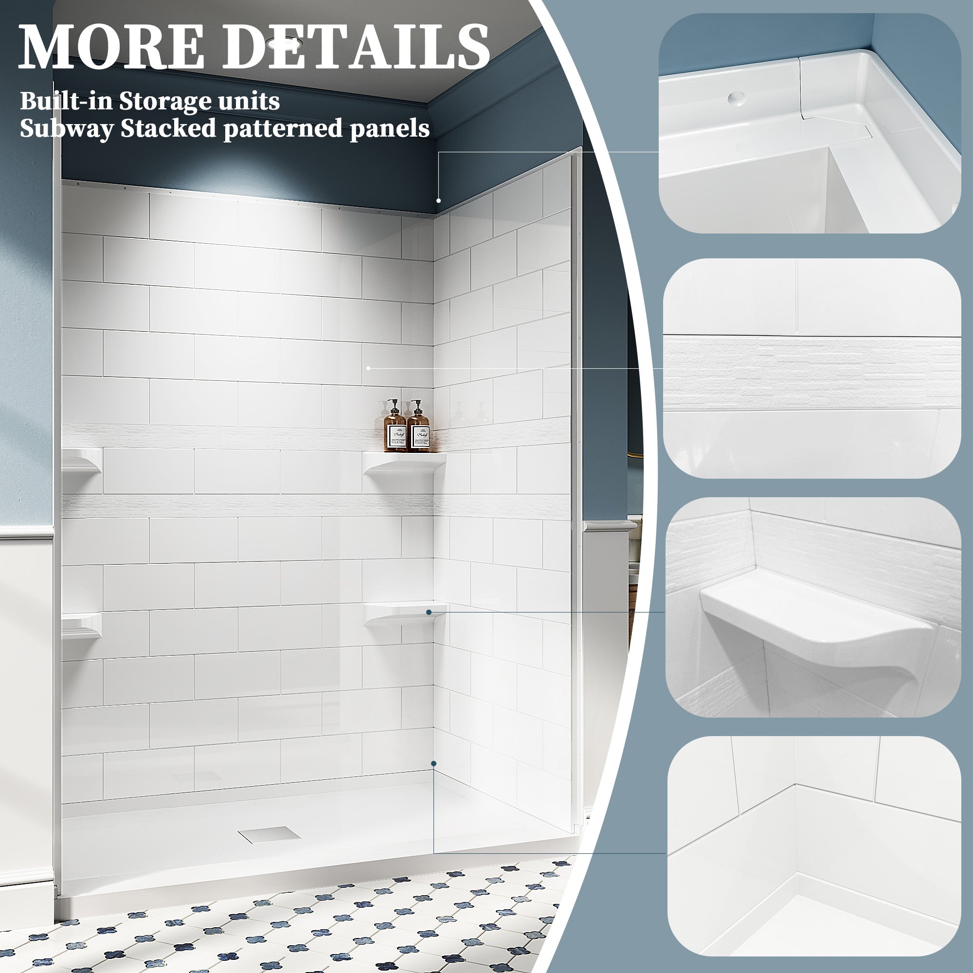 32" / 36" D × 60" W × 78" H Solid Surface Shower Wall Panels Kit, Glossy White Subway Tile, with Shelf 