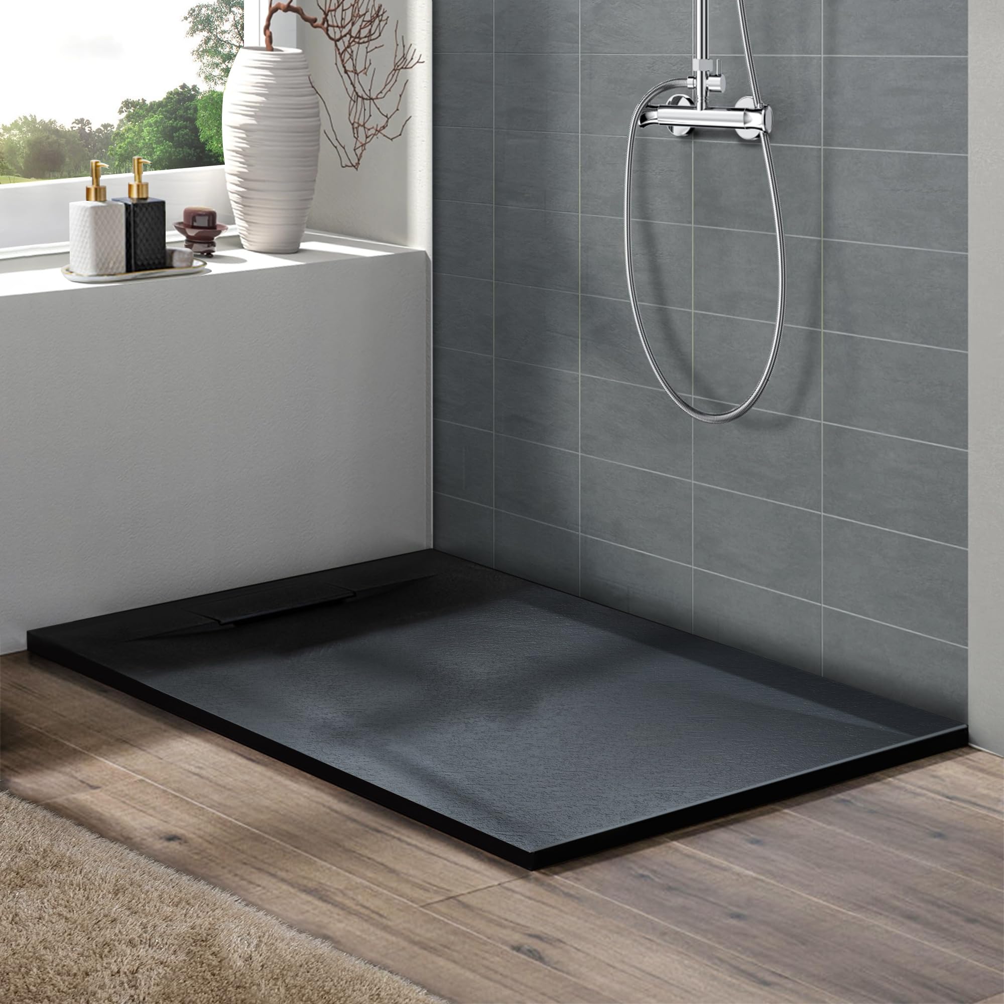 60" L x 32" W x 1" H Low-Profile Zero Threshold End Drain Shower Base #Color_Black
