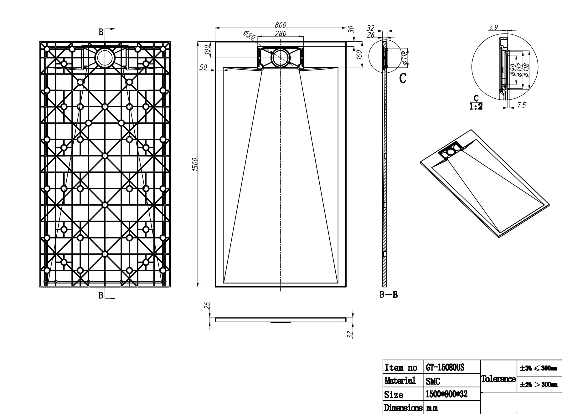 60" L x 32" W x 1" H Low-Profile Zero Threshold End Drain Shower Base