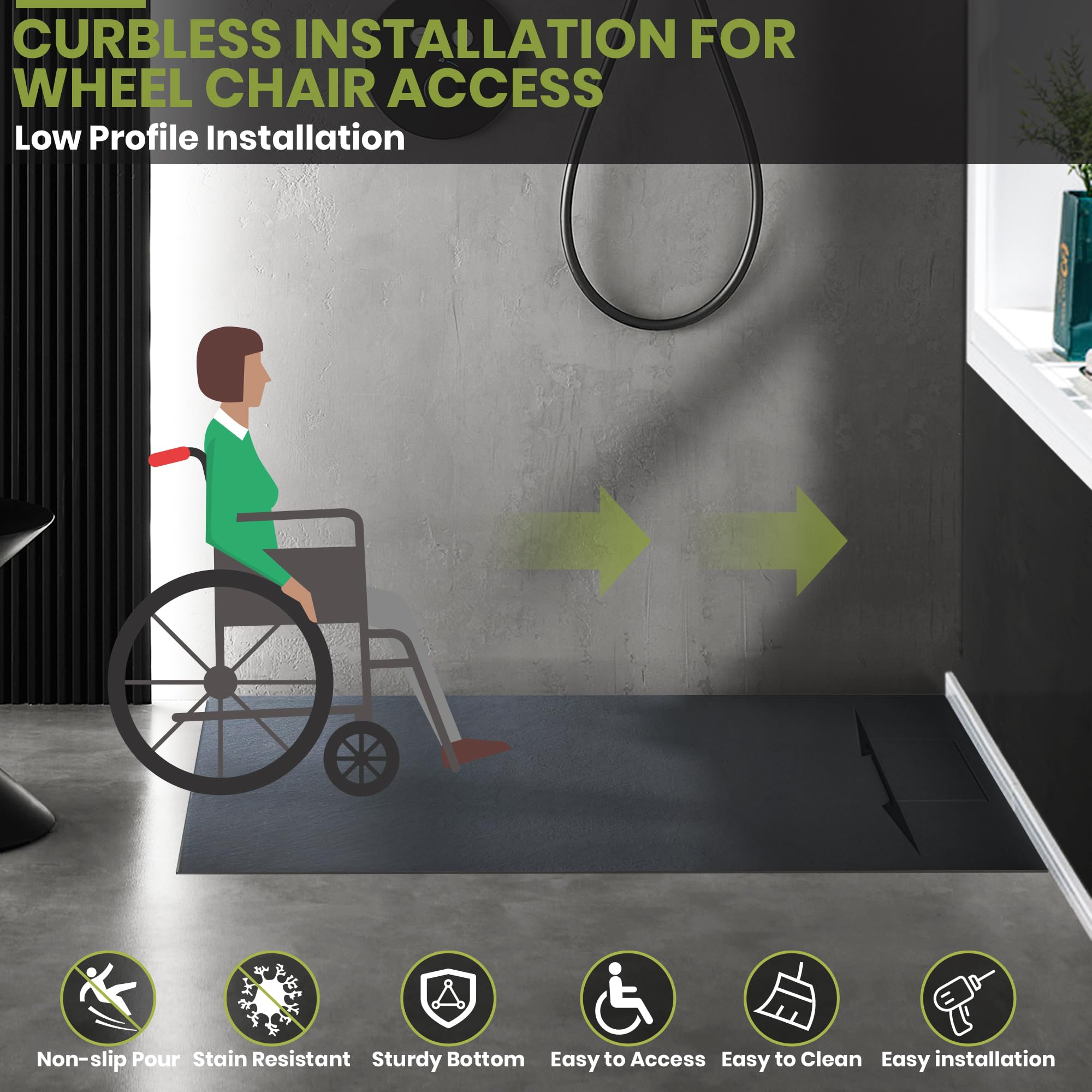 60" L x 32" W x 1" H Low-Profile Zero Threshold End Drain Shower Base #Color_Black