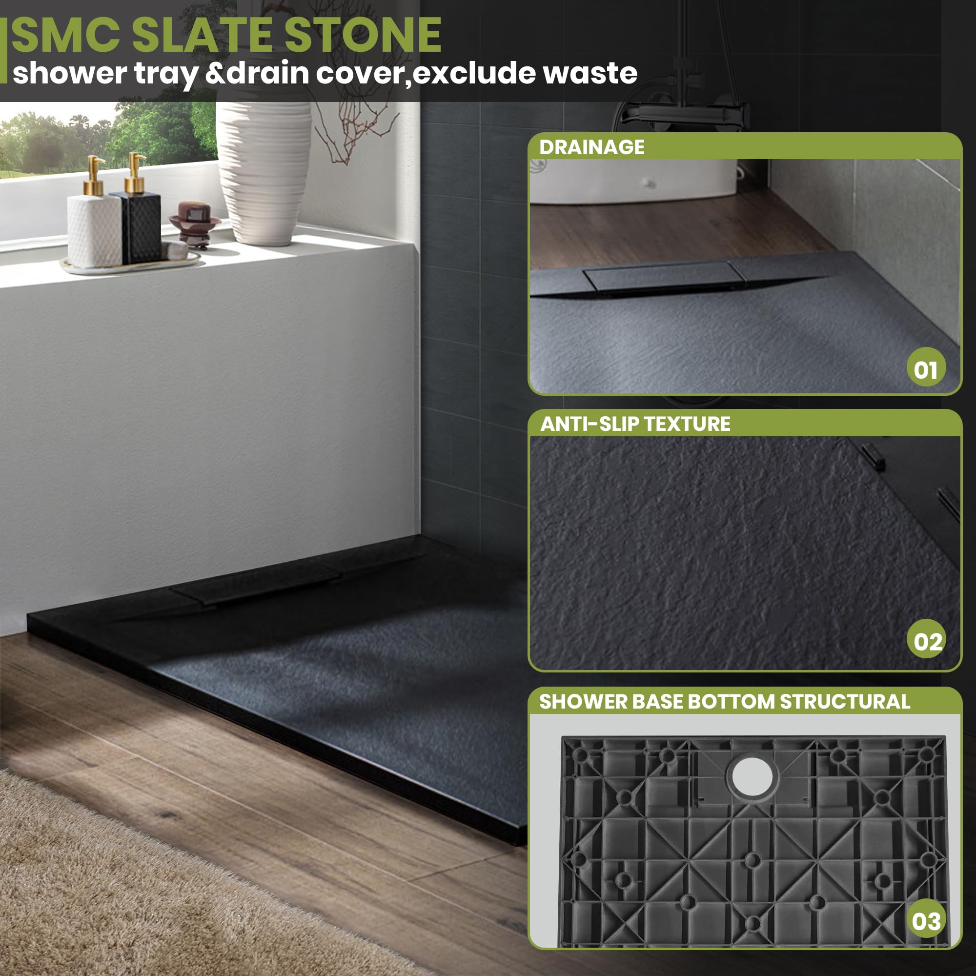 60" L x 32" W x 1" H Low-Profile Zero Threshold End Drain Shower Base #Color_Black