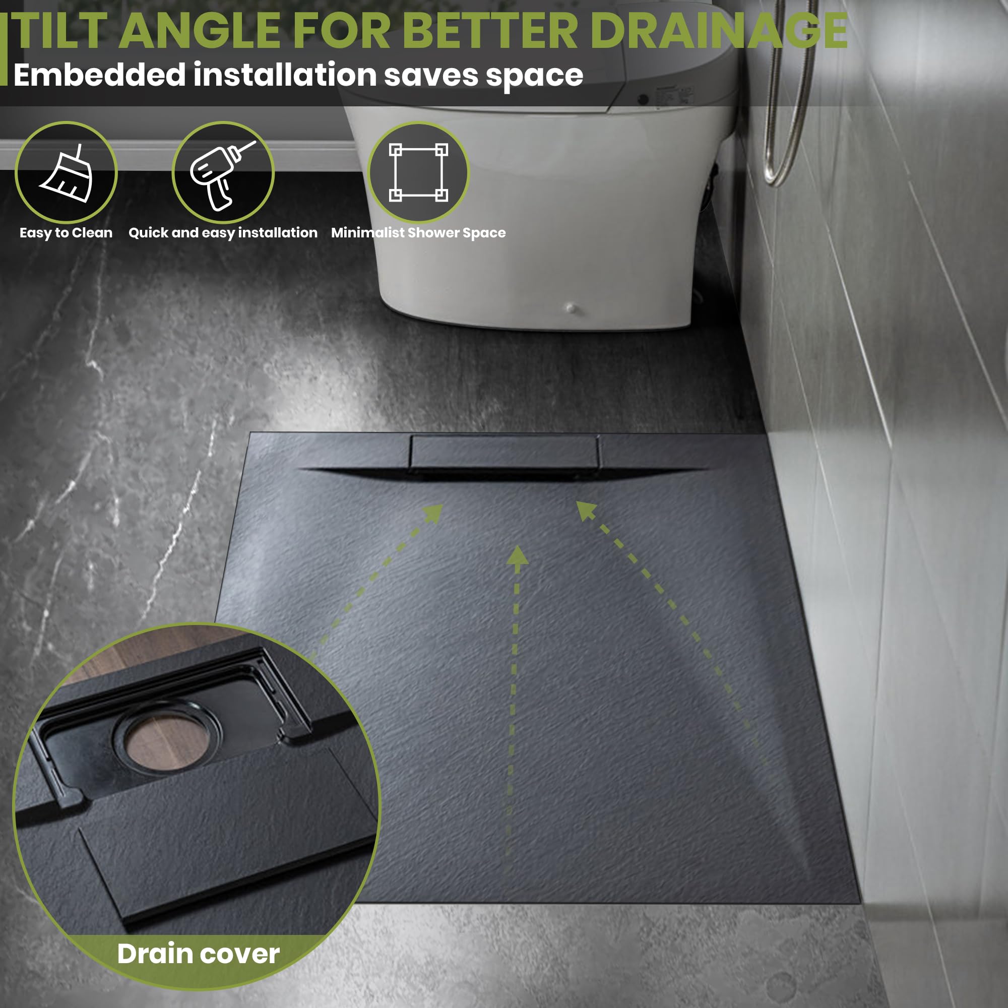 60" L x 32" W x 1" H Low-Profile Zero Threshold End Drain Shower Base #Color_Black