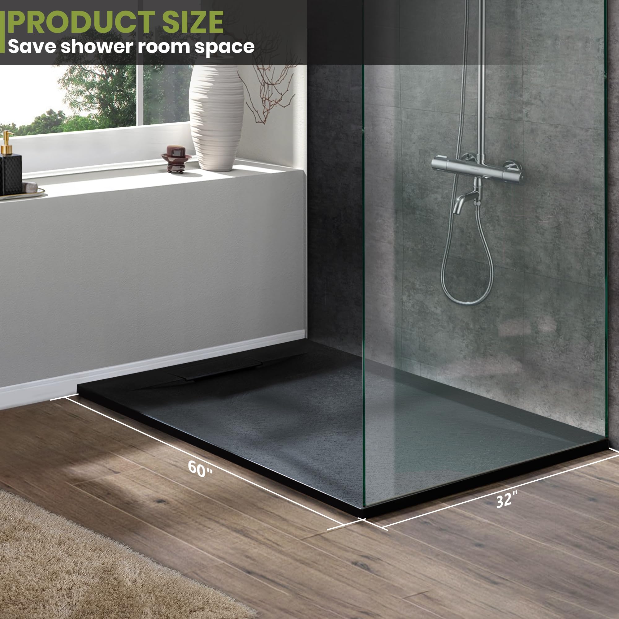 60" L x 32" W x 1" H Low-Profile Zero Threshold End Drain Shower Base #Color_Black