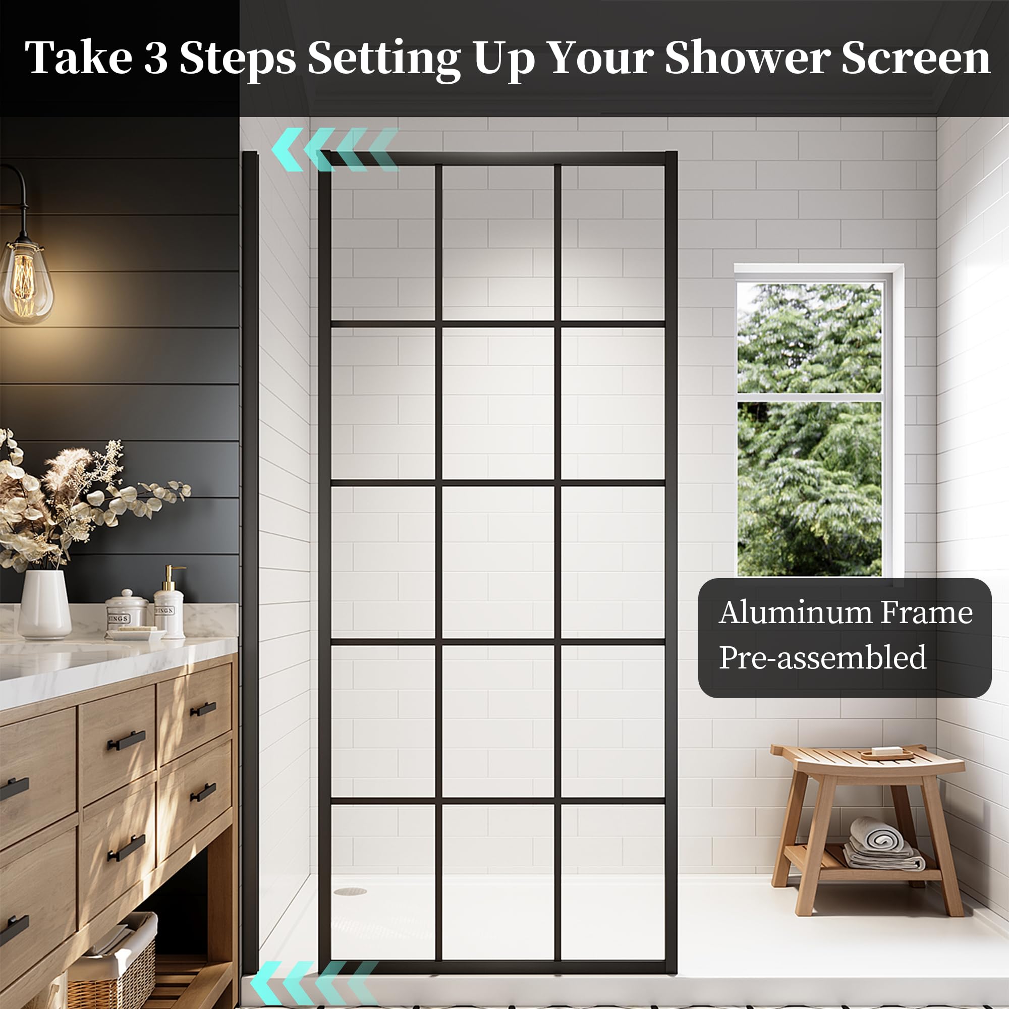 34"/38"/42"/46" x 78" Framed Grid Shower Screen, Matte Black #Size_38" W x 78" H