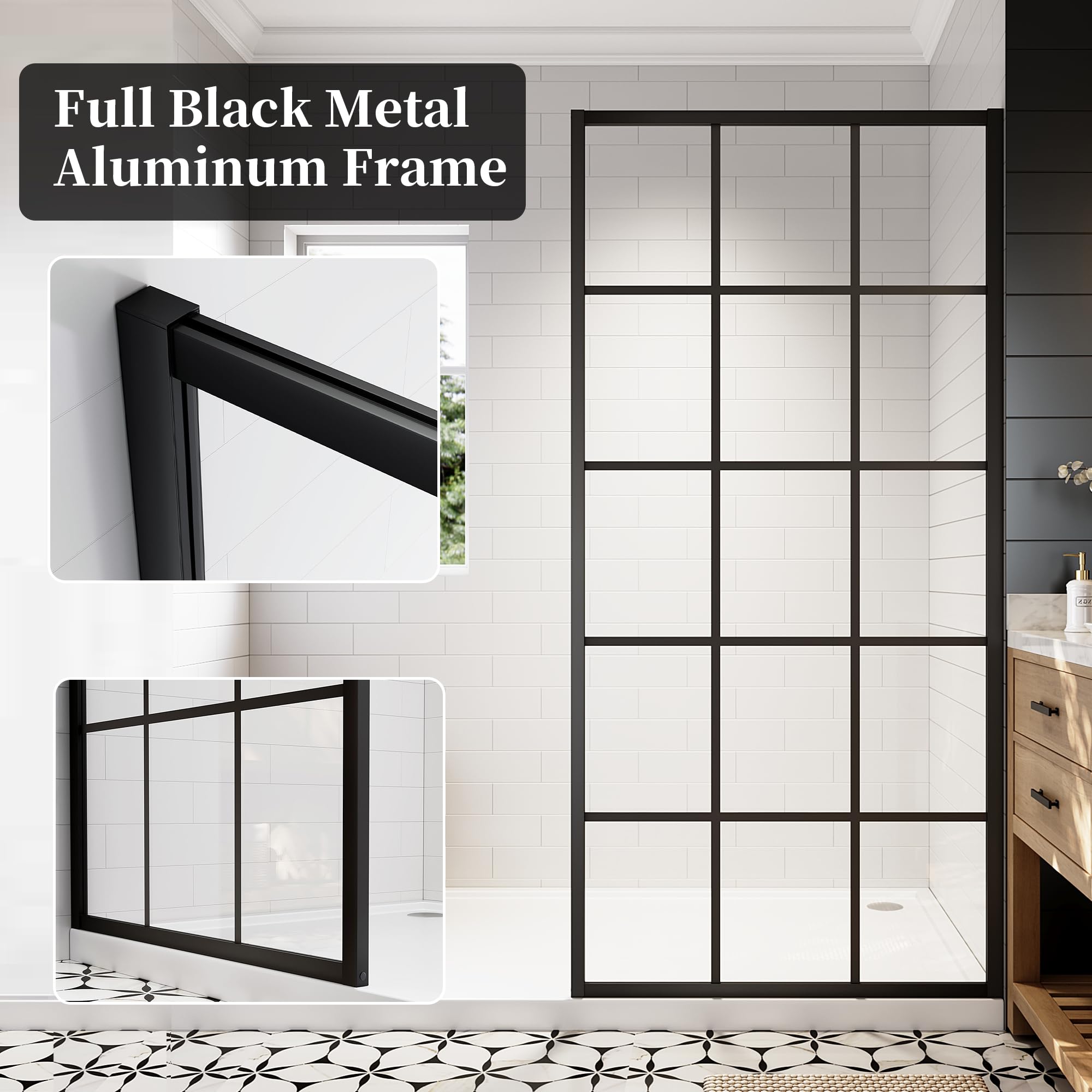 34"/38"/42"/46" x 78" Framed Grid Shower Screen, Matte Black #Size_38" W x 78" H